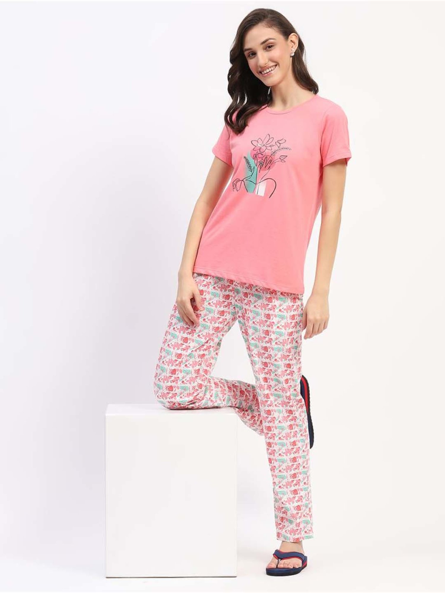 MADAME M Secret Pink Cotton Printed T-Shirt Pyjamas Set