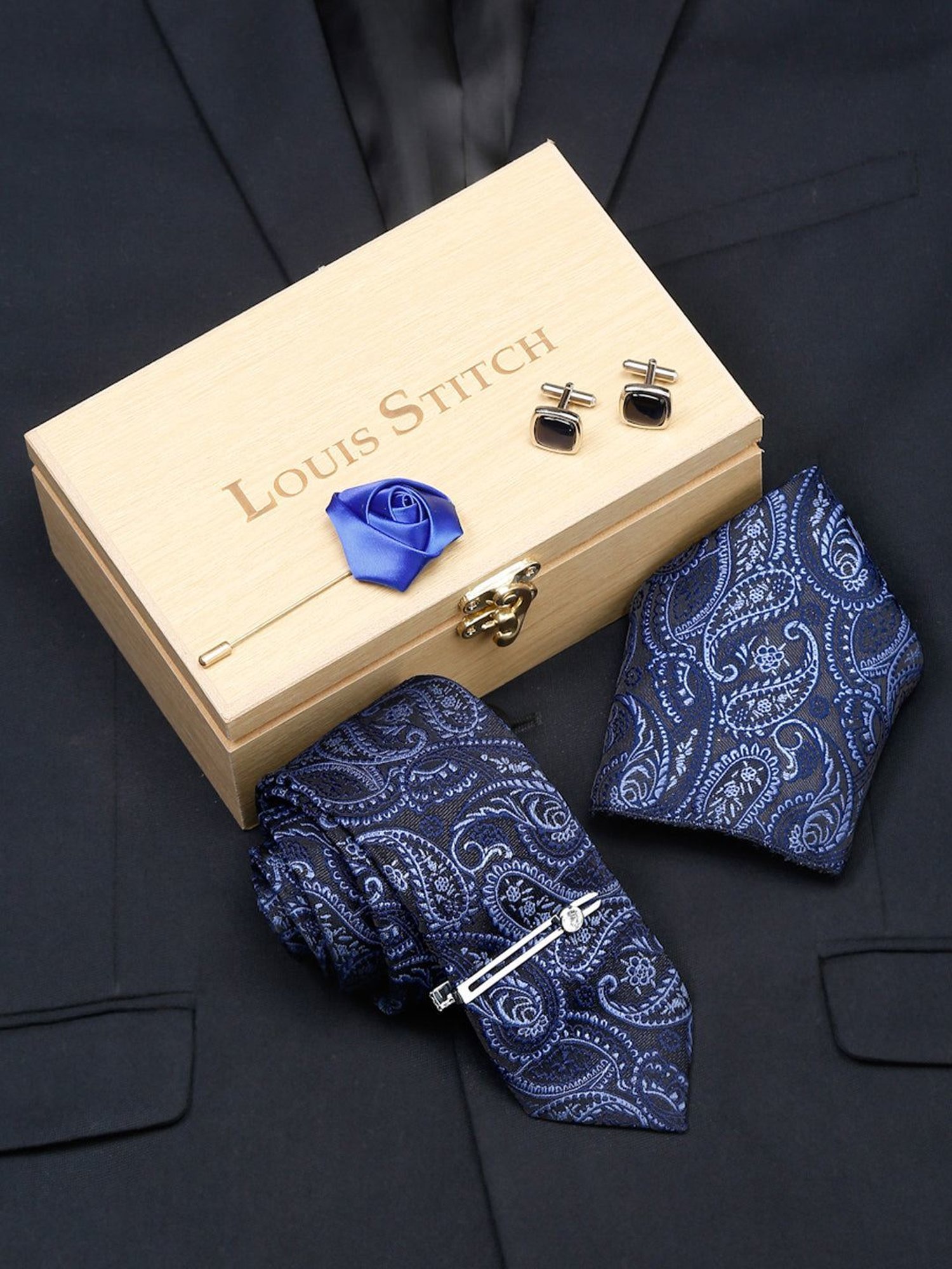 Louis Stitch Blue Embroidered Necktie Gift Set - Set of 5