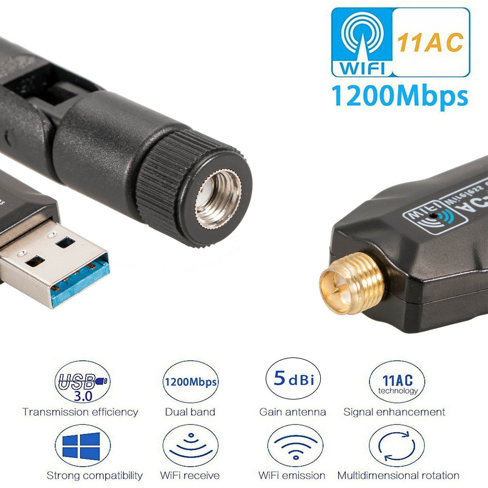 High Speed 1200Mbps 2.4G/5G Dual Band USB WiFi Adapter W/ Antenna for Desktop PC