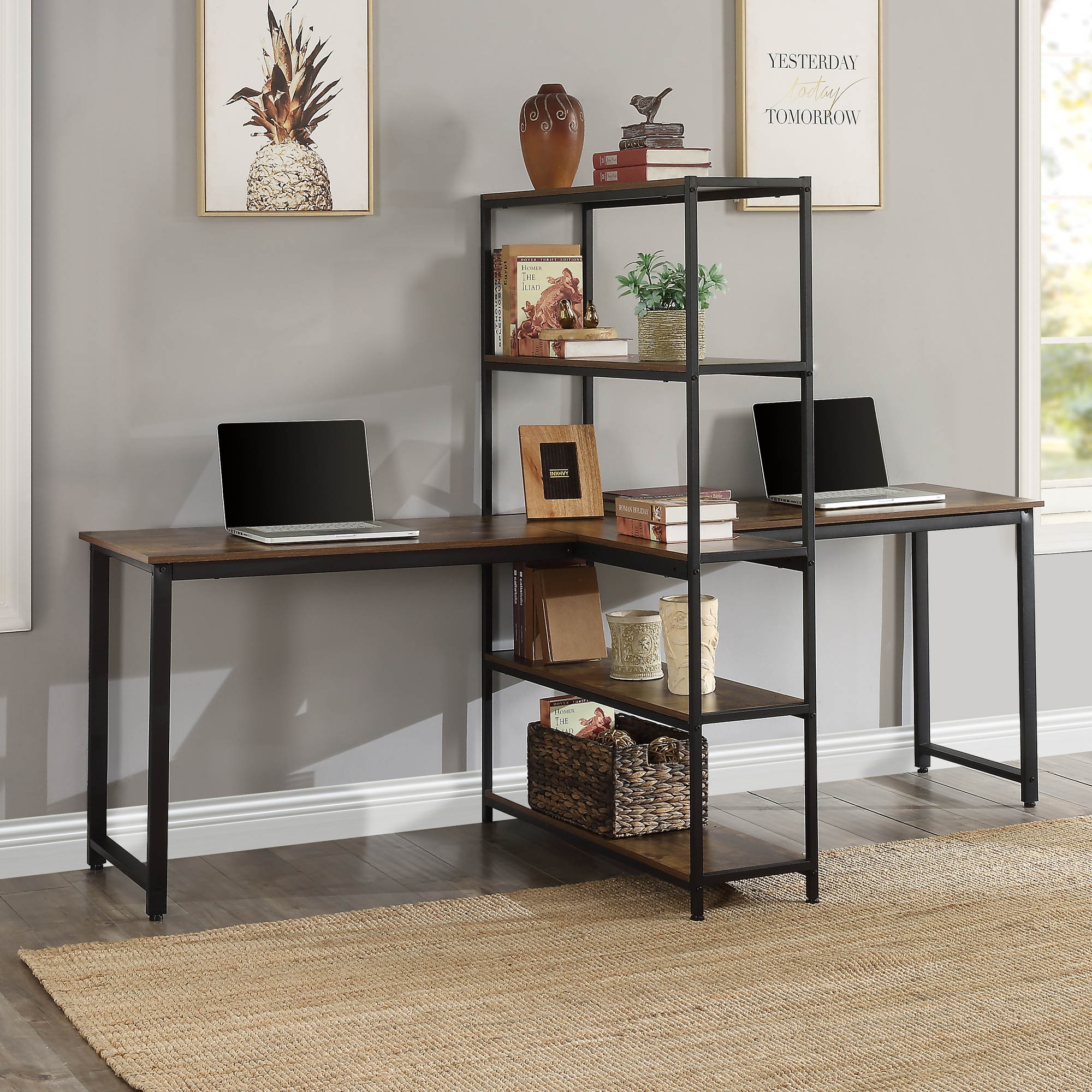 Home Office Two Person Computer Desk with Shelves Extra Large Double Workstations Office Desk Gaming Desk with Storage Shelves Brown