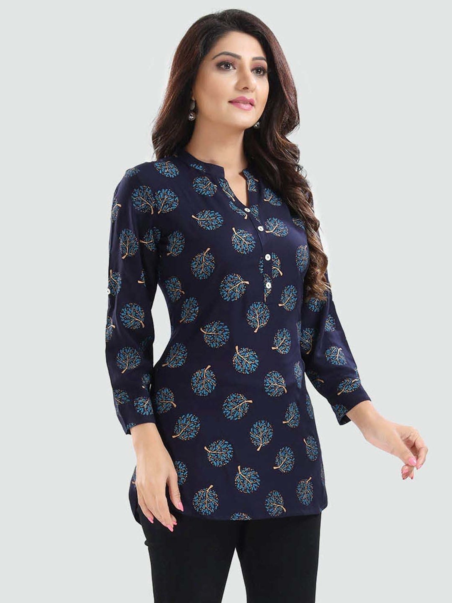 Saree Swarg Blue Printed A Line Short Kurti