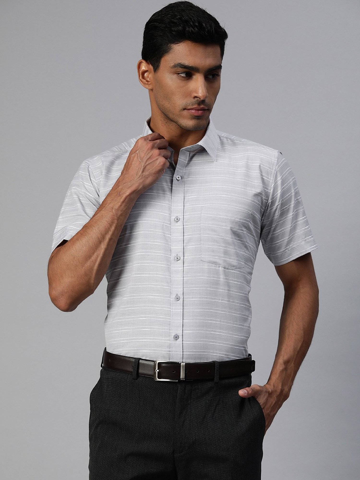 ManQ Grey Regular Fit Striped Shirt