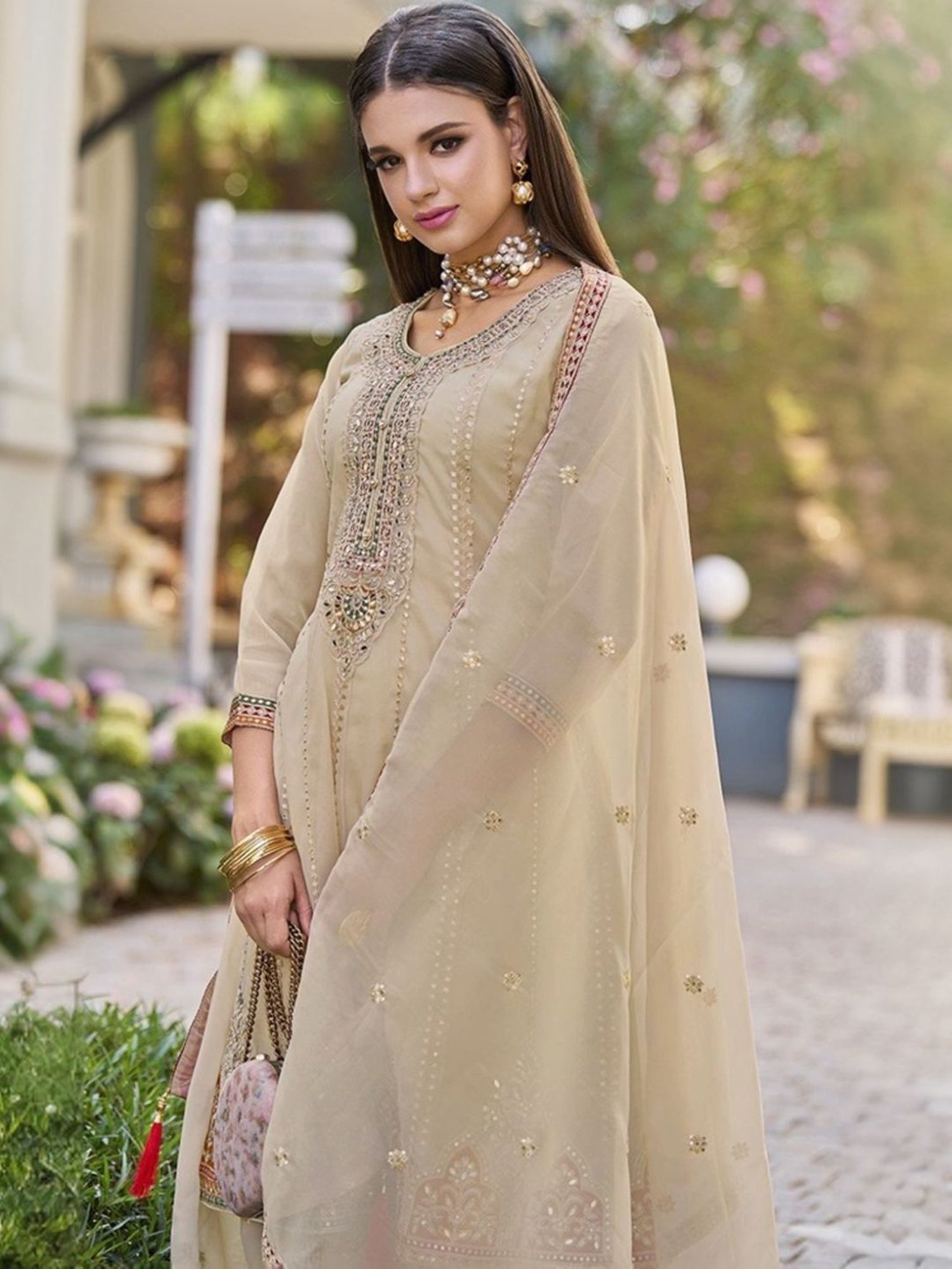 Autumnlane Beige Alia Gold Full Heavy Work Premium Kurta with Pant and Dupatta