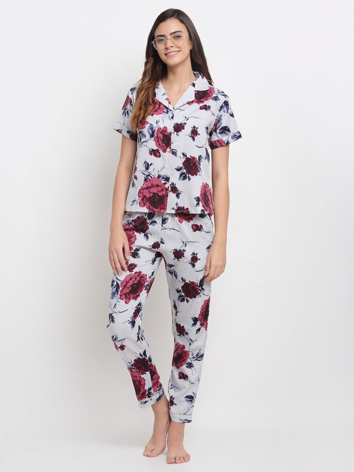Erotissch Grey & Red Floral Print Shirt Pyjama Set