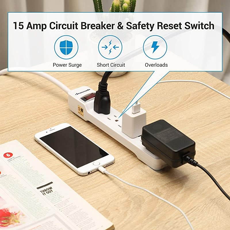 6Outlet Power Strip Surge Protector Long Extension Cord Low Profile Flat Plug and 15 Amp Circuit Breaker 500 Joules Wall Mount UL Listed 15 Foot White