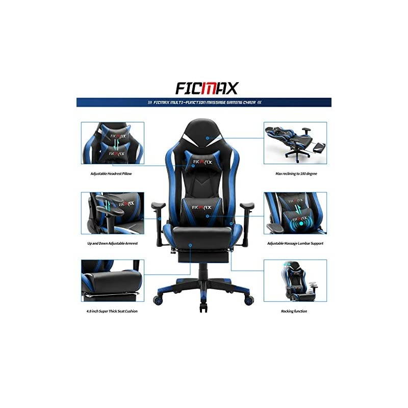 Ergonomic Massage Gaming Chair Reclining Racing Office Chair High Back PU Leather Computer Desk Chair with Footrest Big and Tall E-Sports Chair with Headrest and Lumbar Support (Blue)