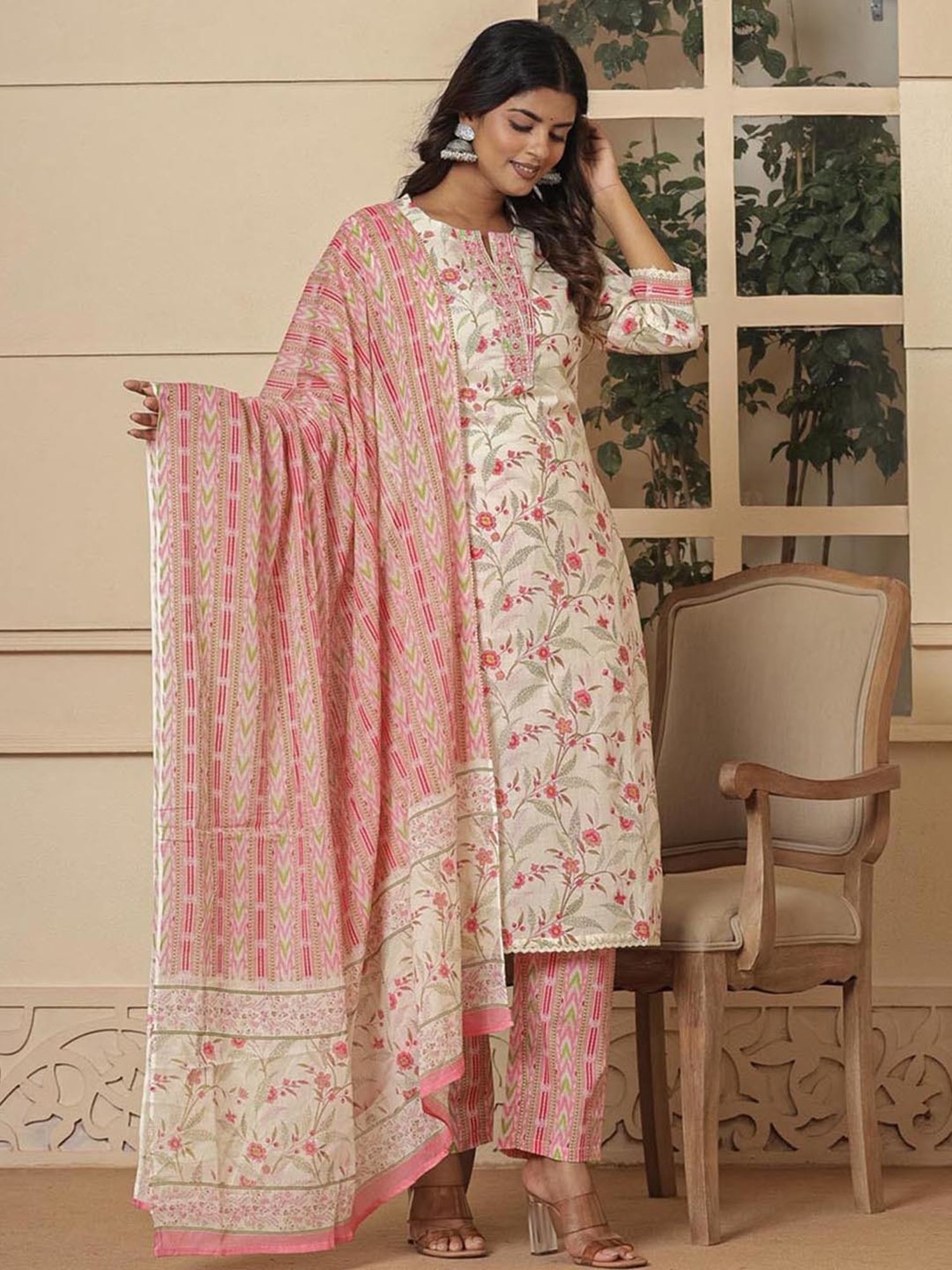 Yufta Off White & Pink Cotton Embroidered Kurta & Pant Set with Dupatta