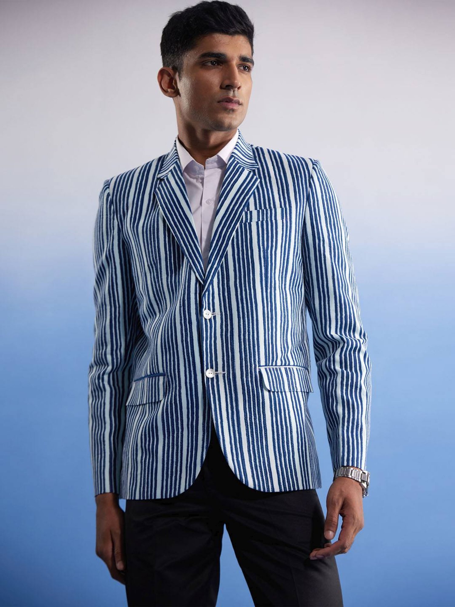 Vastramay Indigo Blue Cotton Regular Fit Striped Blazer