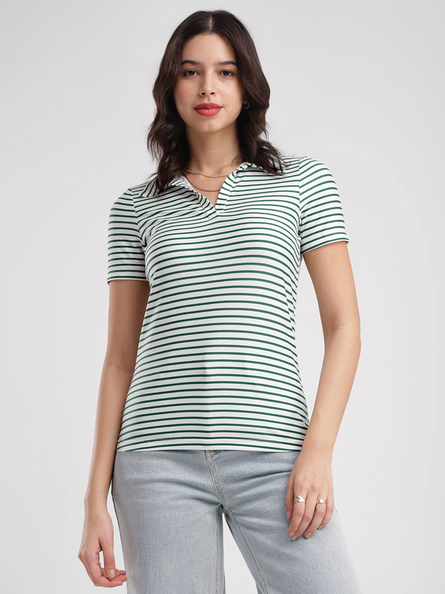 Fablestreet White & Green Cotton Striped T-Shirt