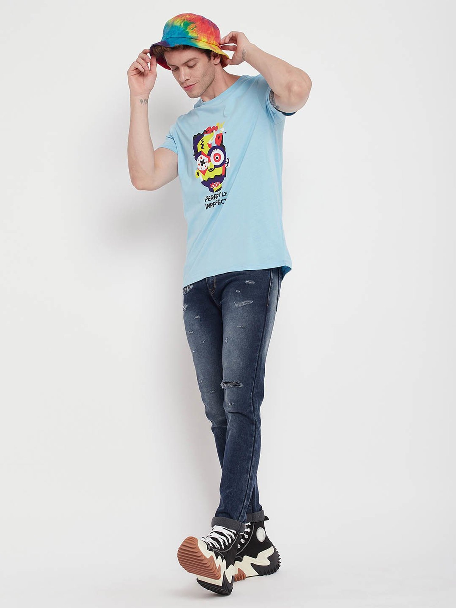 EDRIO Light Blue Regular Fit Printed T-Shirt