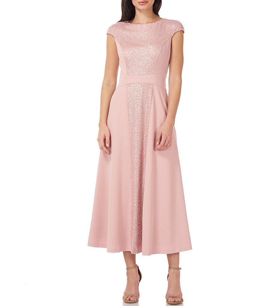 JS Collections Jewel Neck Cap Sleeve Sequined Stretch Crepe Dress