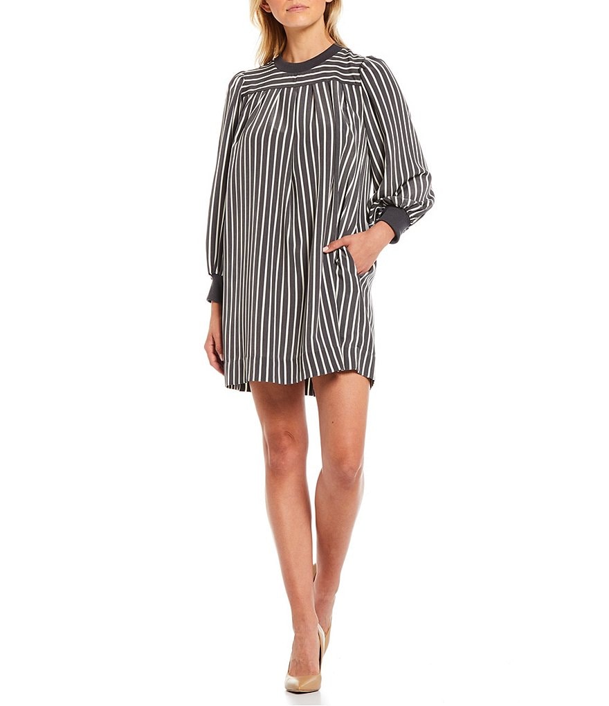LDT Falon Long Sleeve Crew Neck Pleated Swing Dress