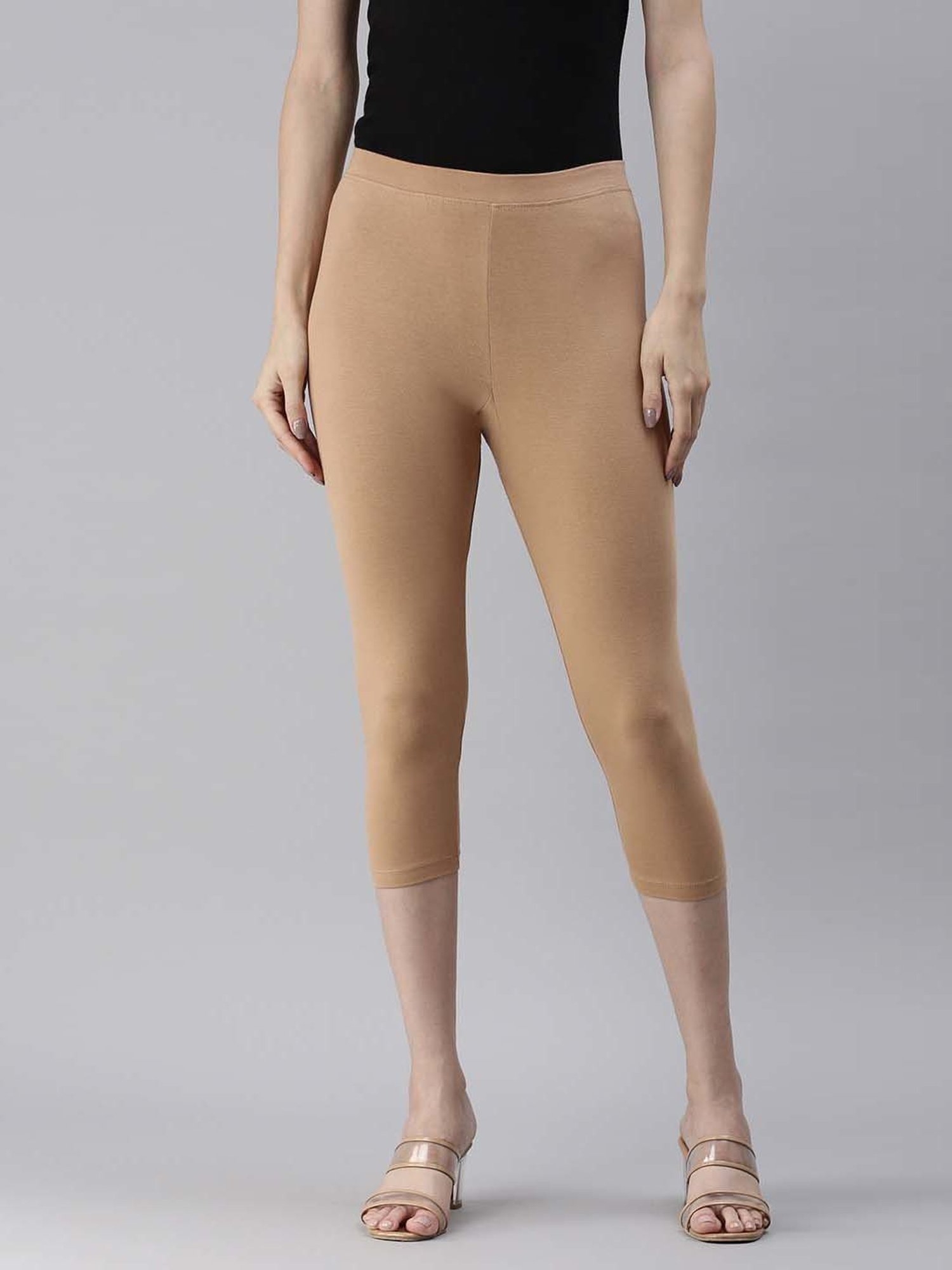 Kryptic Maroon & Beige Cotton Soild Crop Length Leggings - Pack Of 2