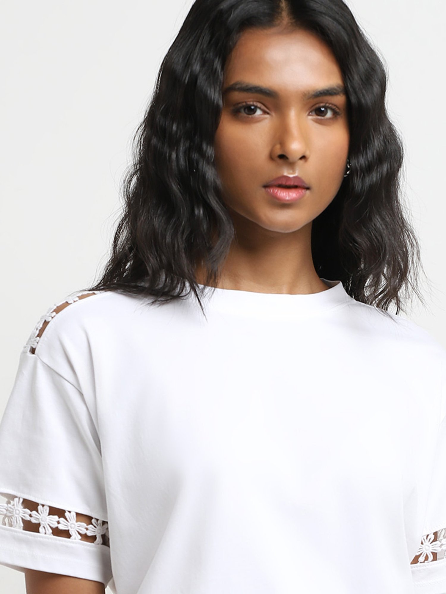 LOV by Westside White Floral Detailed Cotton T-Shirt