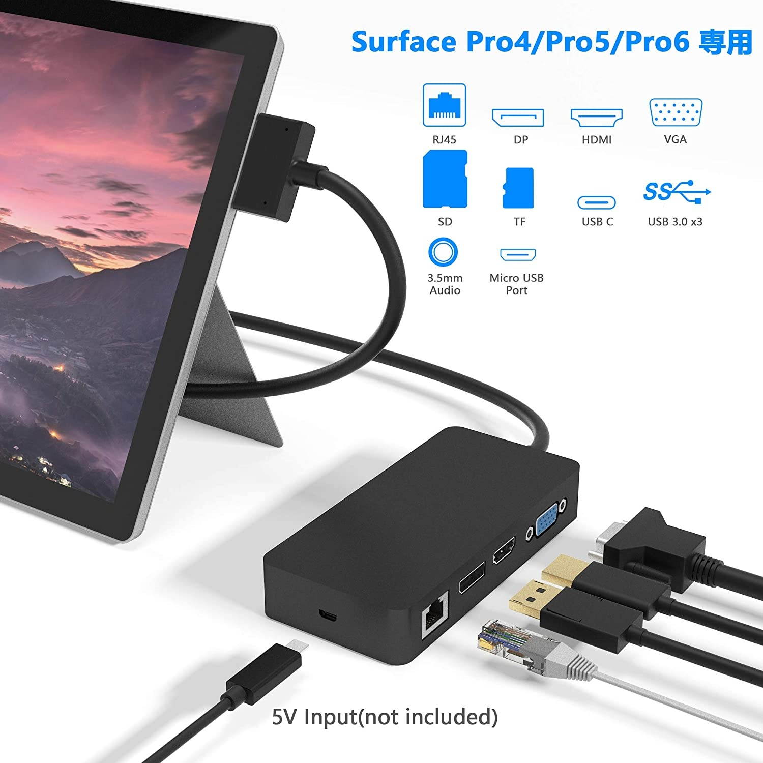Surface Pro Dock for Surface Pro 4/5/6 Docking Station with HDMI, VGA, DP, RJ-45 Gigabit Ethernet Port, 3X USB 3.0 Ports, USB C Sync Port, Audio Out Port, SD/TF Card Reader, Micro USB Port