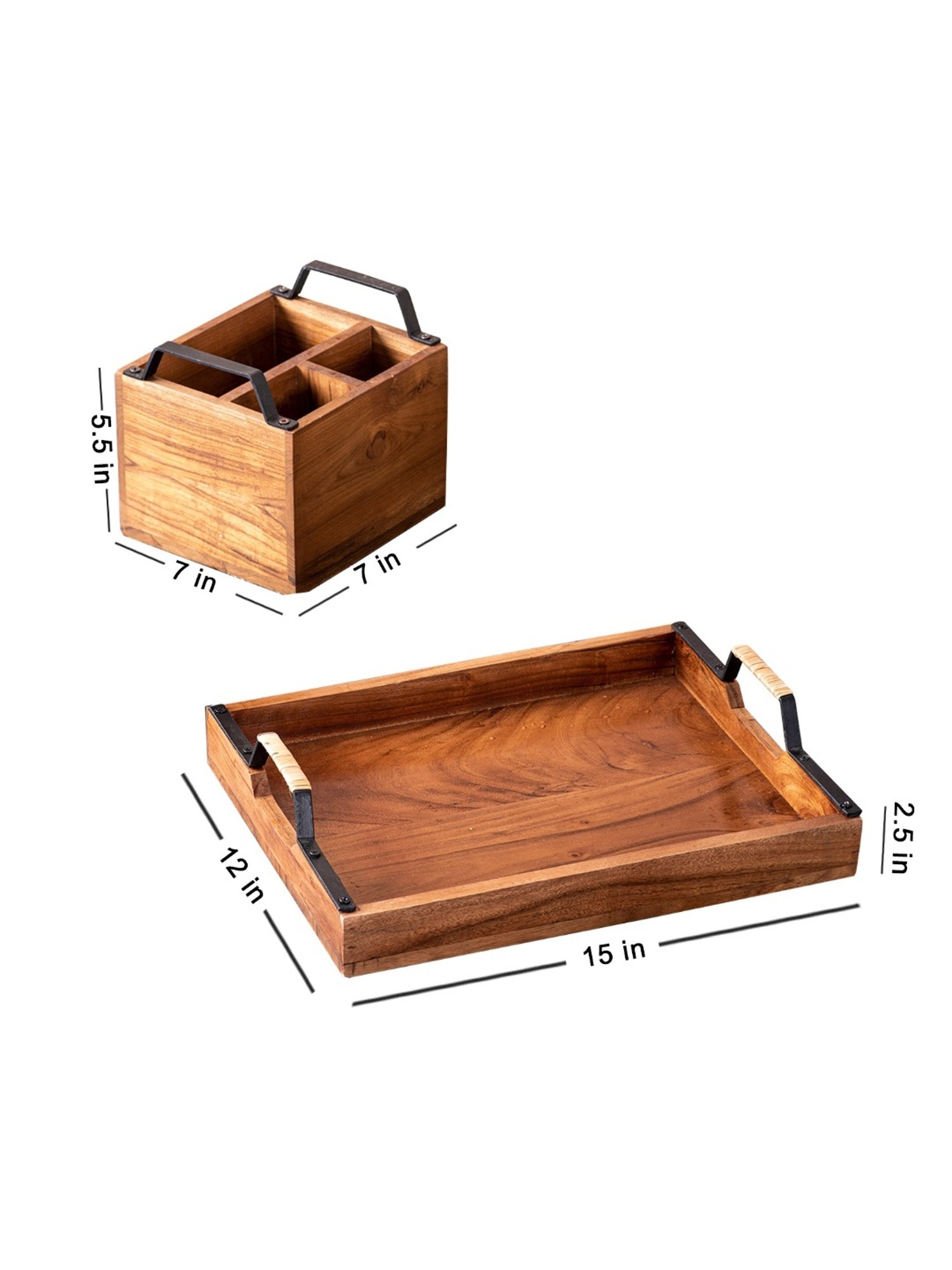 Nestroots Brown Wood Tray & Cutlery Holder Set