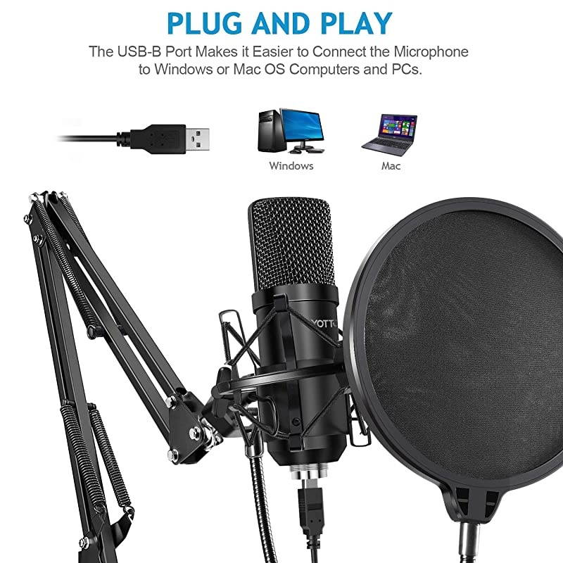 USB Microphone Kit 192KHZ24BIT Plug amp Play Computer PC Microphone Studio Streaming Cardioid Mic with Boom Arm Shock Mount Pop Filter for Recording Broadcasting YouTube Gaming Voice