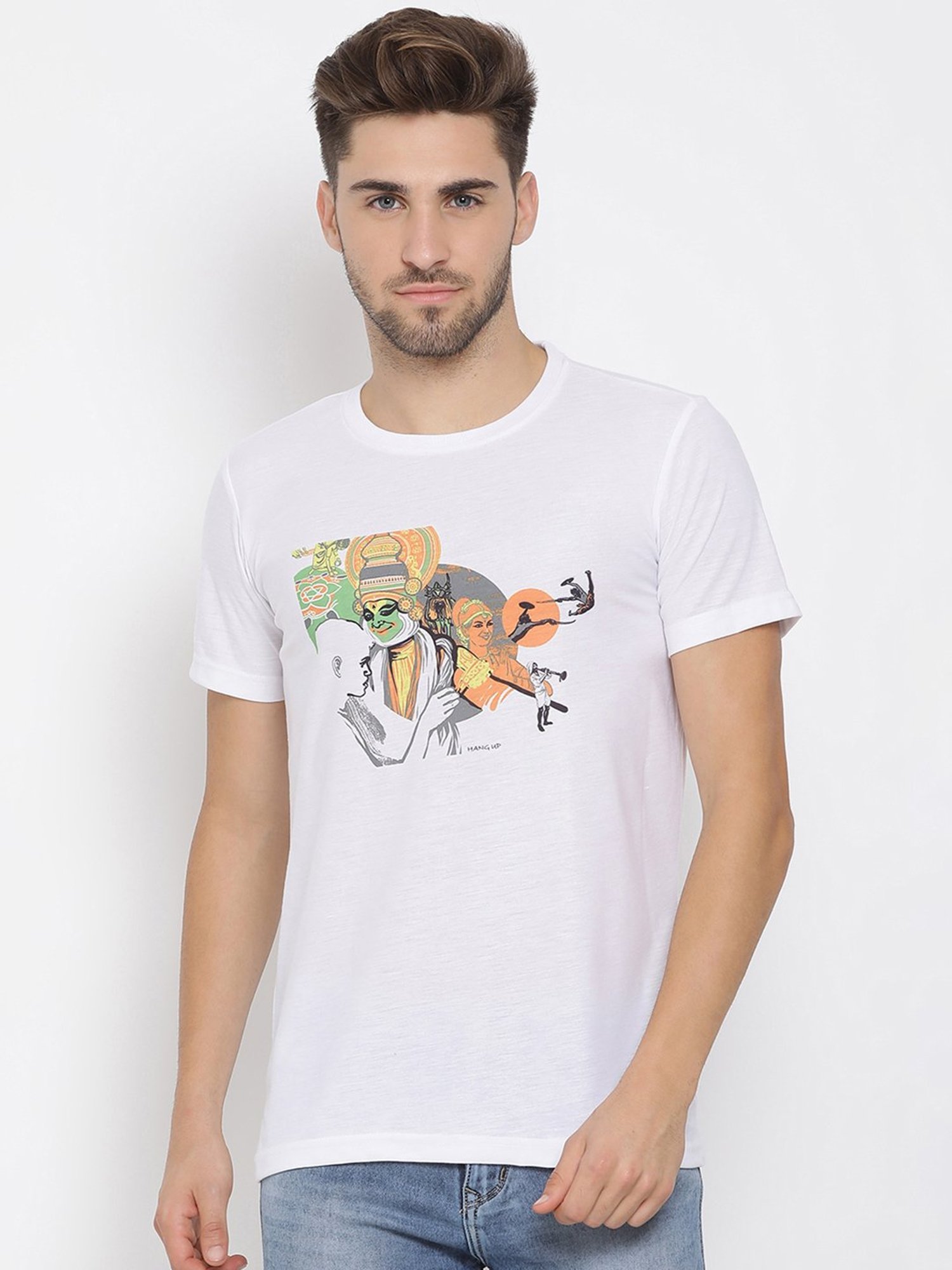 Hangup Plus White Regular Fit Printed Crew T-Shirt