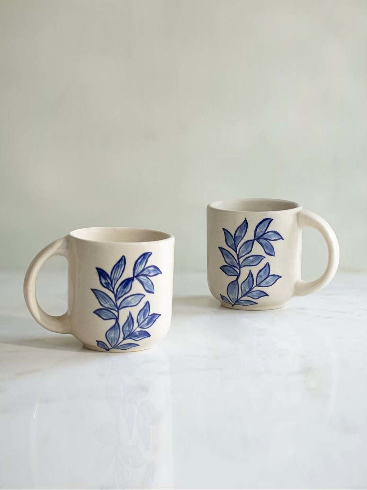 Ellementry Livada Off-White & Blue Ceramic Mug (0.2 L) - Set of 2