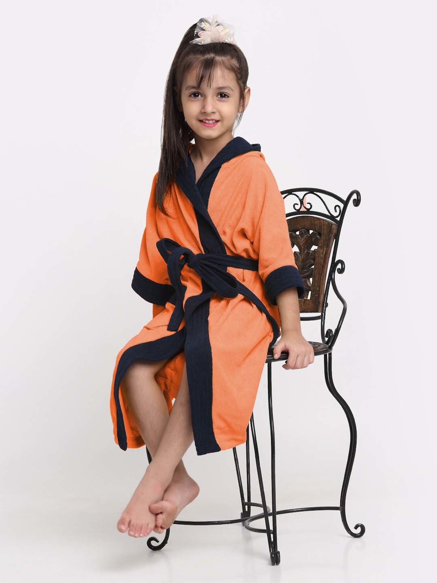Creeva Melodious Black & Turkish Micro Terry 225 GSM Kids Hooded Bathrobe 4-5 Years With Pocket