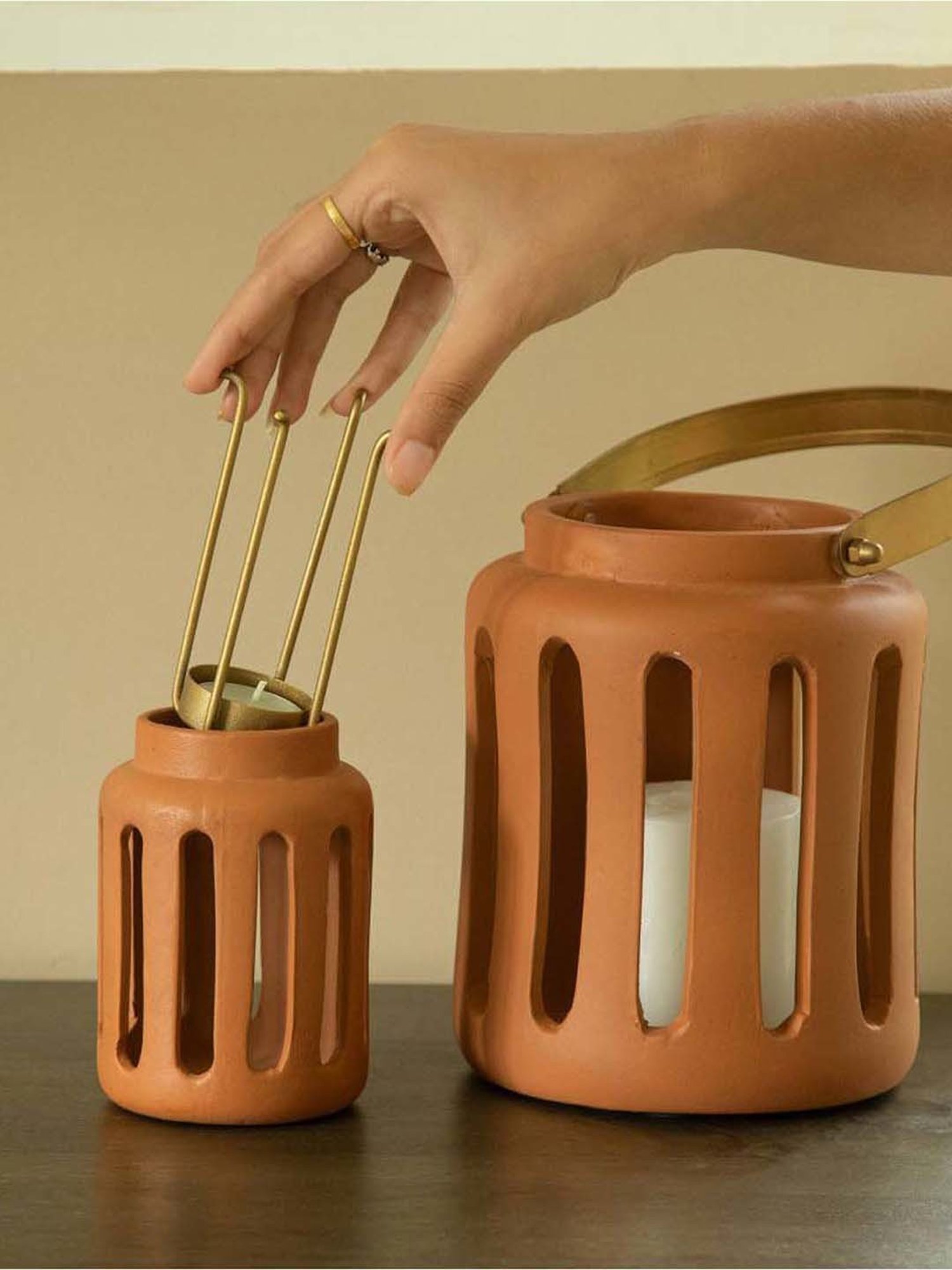 Ellementry Lupa Brown Terracotta Small Round Lantern with Metal Handle