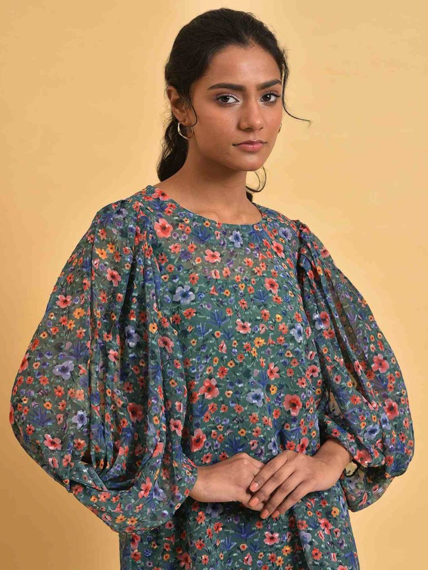 W Green Floral Print Top