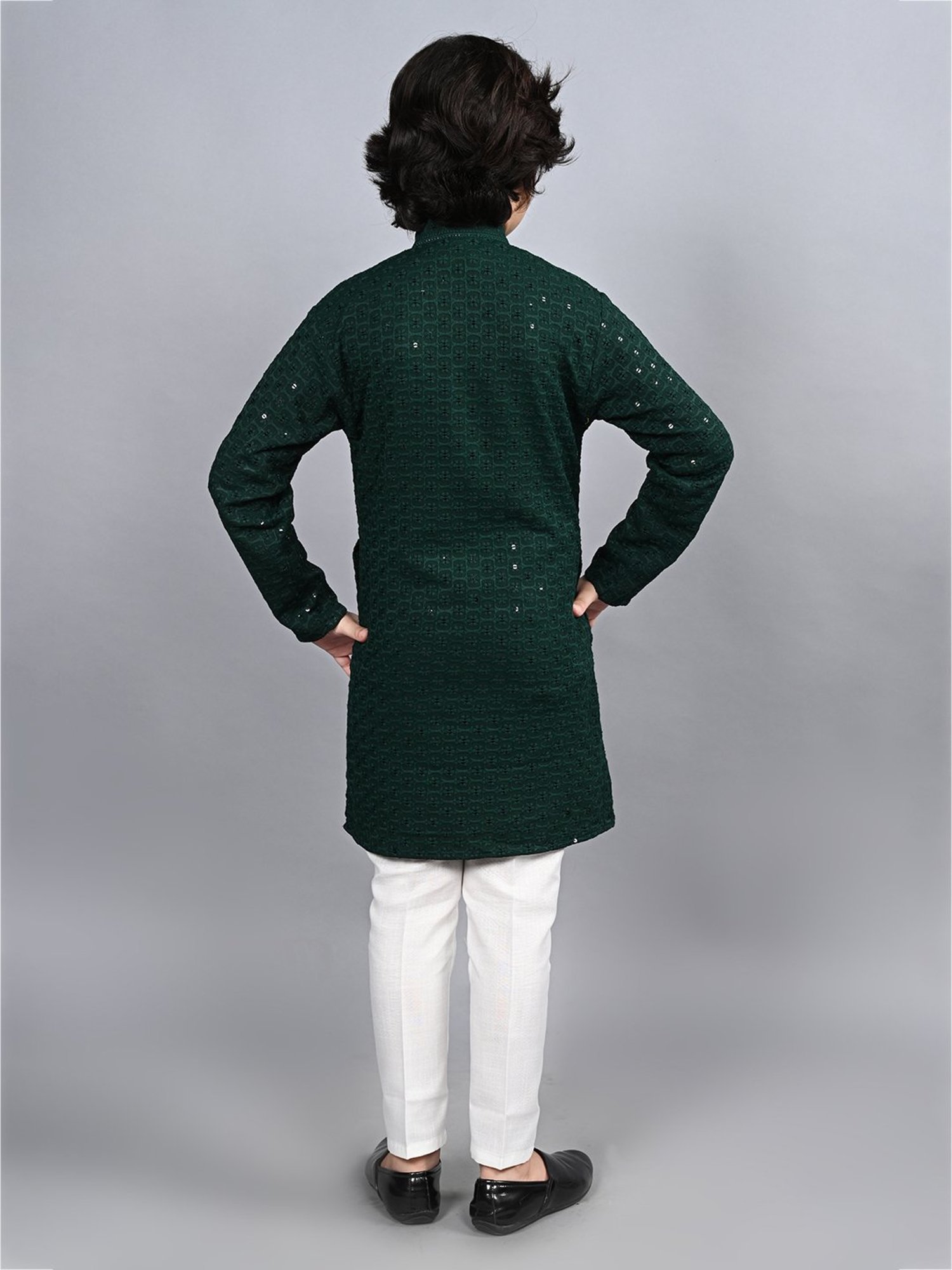 Ahhaaaa Kids Dark Green & White Embellished Full Sleeves Kurta With Pyjamas