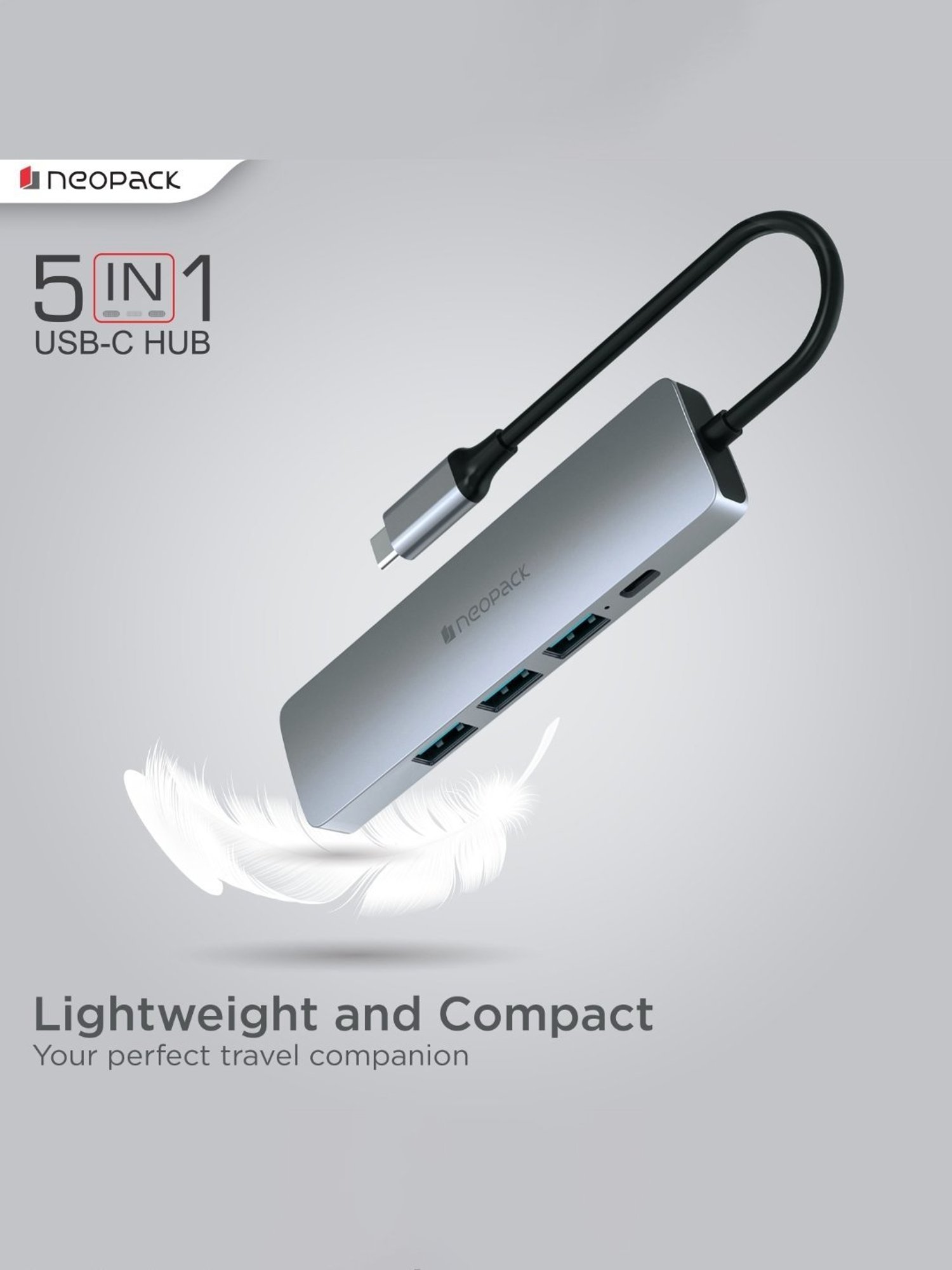 Neopack 5 in 1 USB C Hub Multiport Adapter with HDMI 4K 30Hz, USB 3.0 5Gbps Data Ports (Silver)