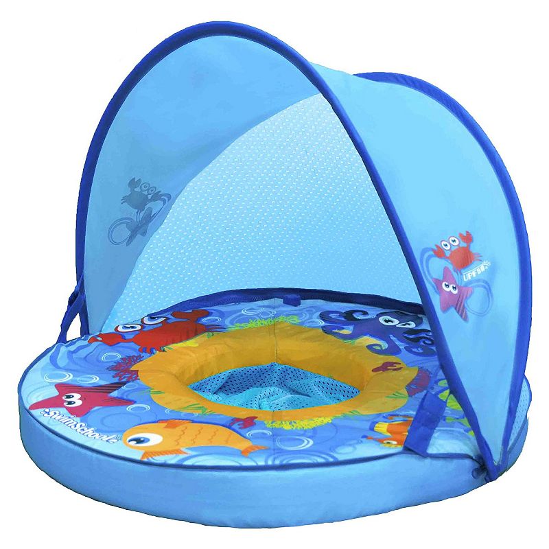 SwimSchool SSB12795Z Self Inflating Perfect Fit BabyBoat Kiddie Infant Float for 6 to 12 Months with Sun Shade UPF50 plus Canopy, Refresh Blue
