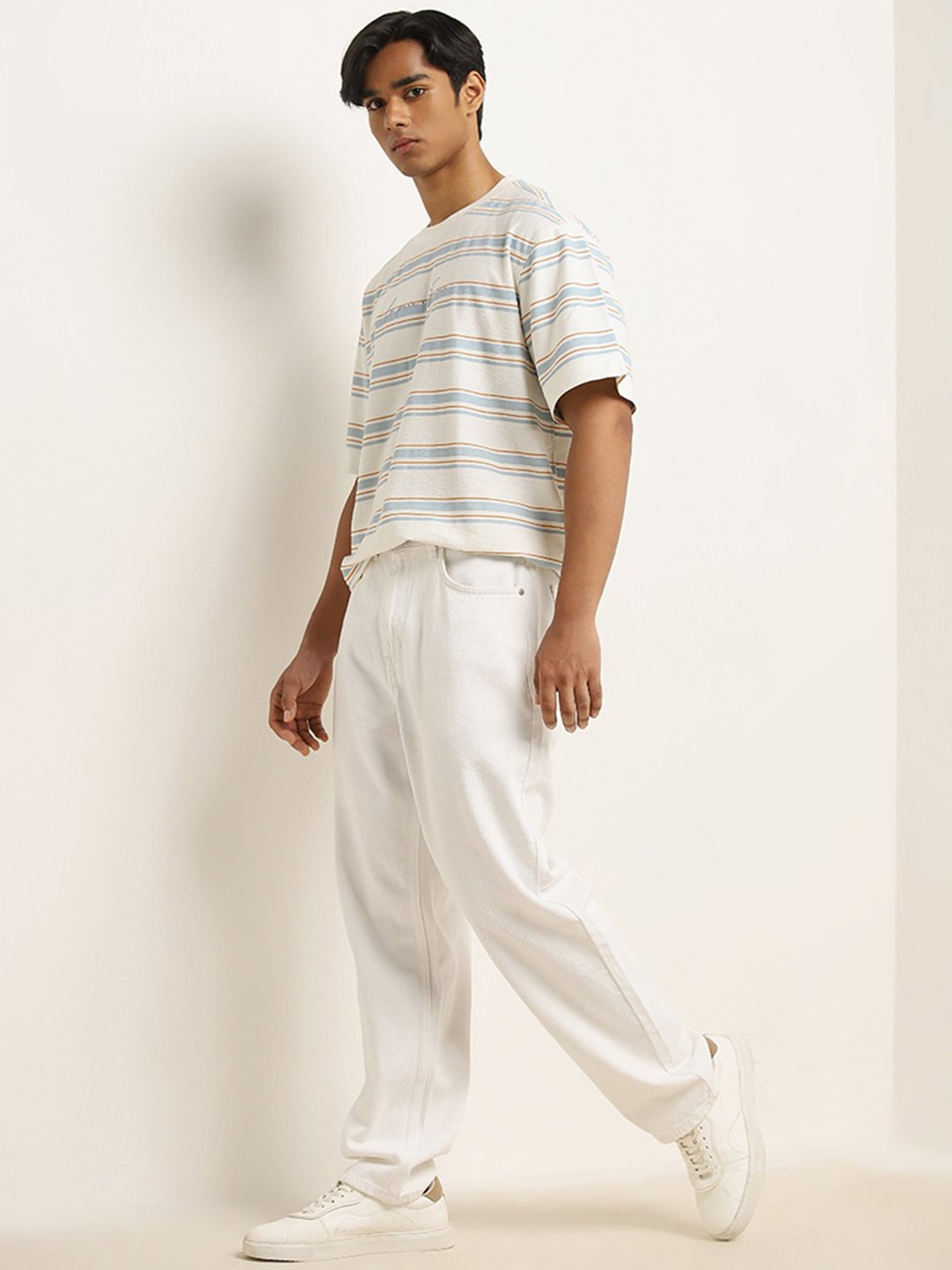 Nuon by Westside Blue Stripe Printed Relaxed-Fit T-Shirt