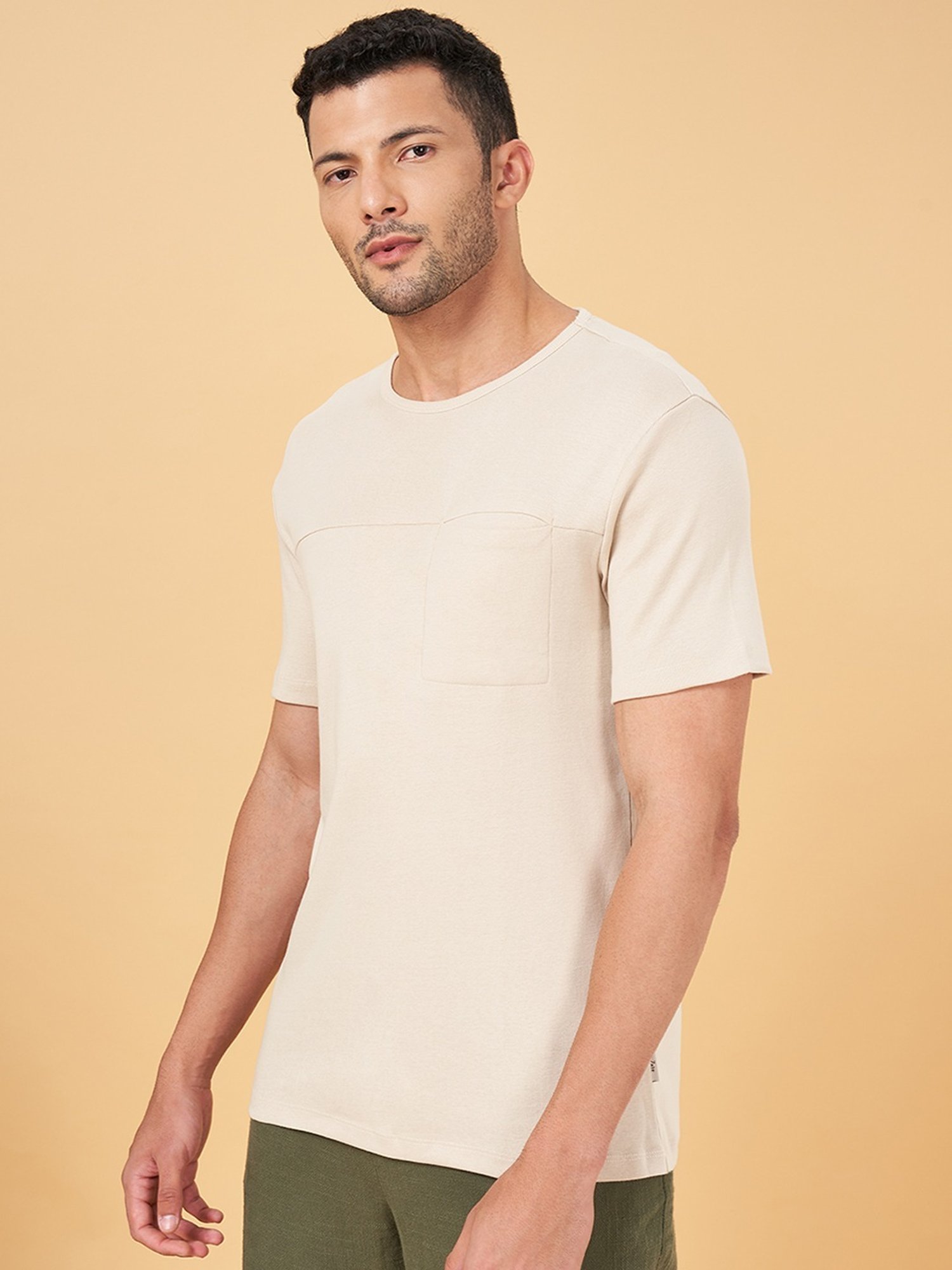 7 Alt By Pantaloons Beige Cotton Slim Fit T-Shirt