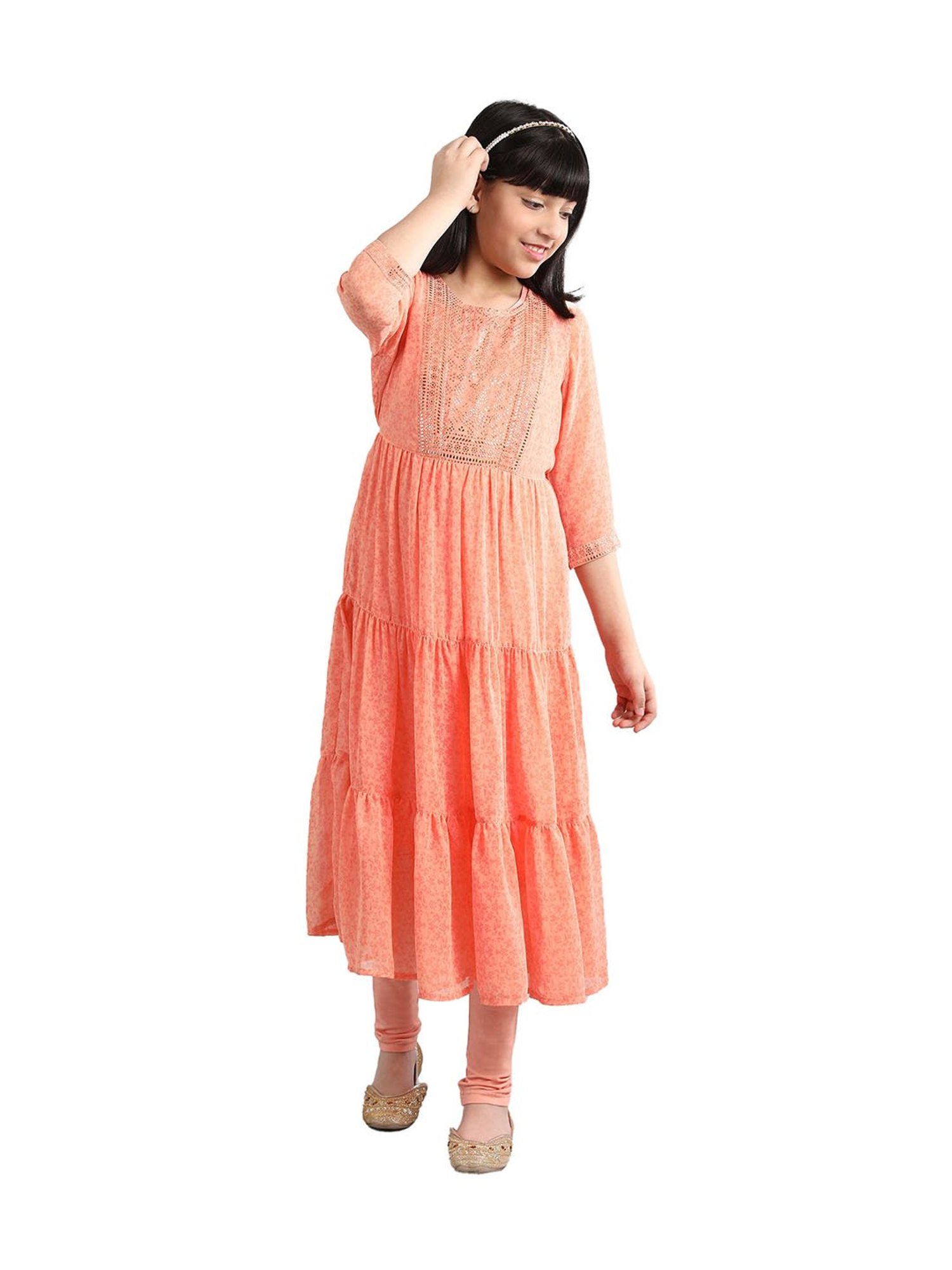 Aurelia Kids Peach Embellished Kurta with Leggings