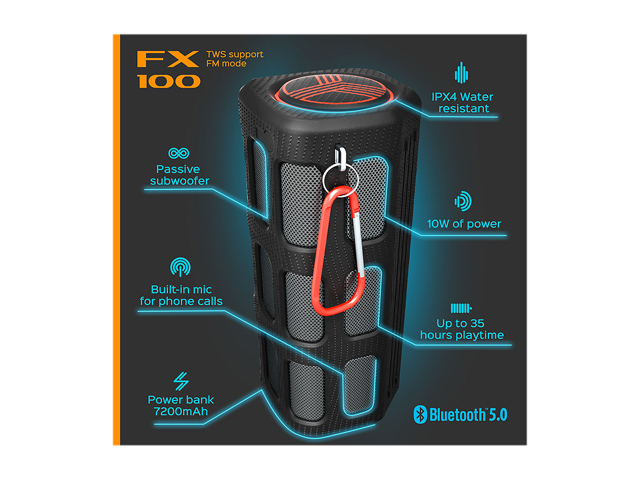 TREBLAB FX100 - Extreme Bluetooth Speaker - Loud, Rugged for Outdoors, Shockproof, Waterproof IPX4, Built-In 7000mAh Power Bank, HD Audio w/ Deep Bass, Portable Wireless Blue Tooth Microphone Mic