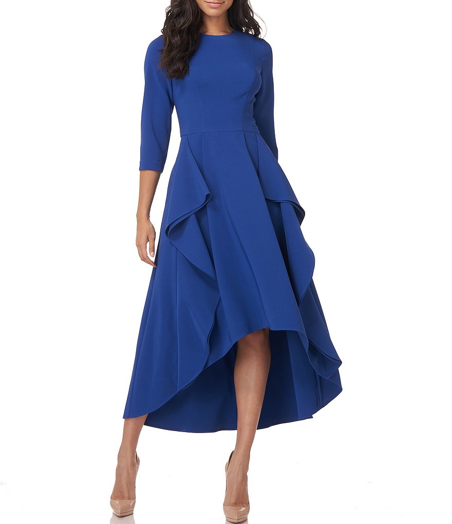 Kay Unger Bria Stretch Crepe Ruffle Jewel Neck 3/4 Sleeve Hi-Low Gown