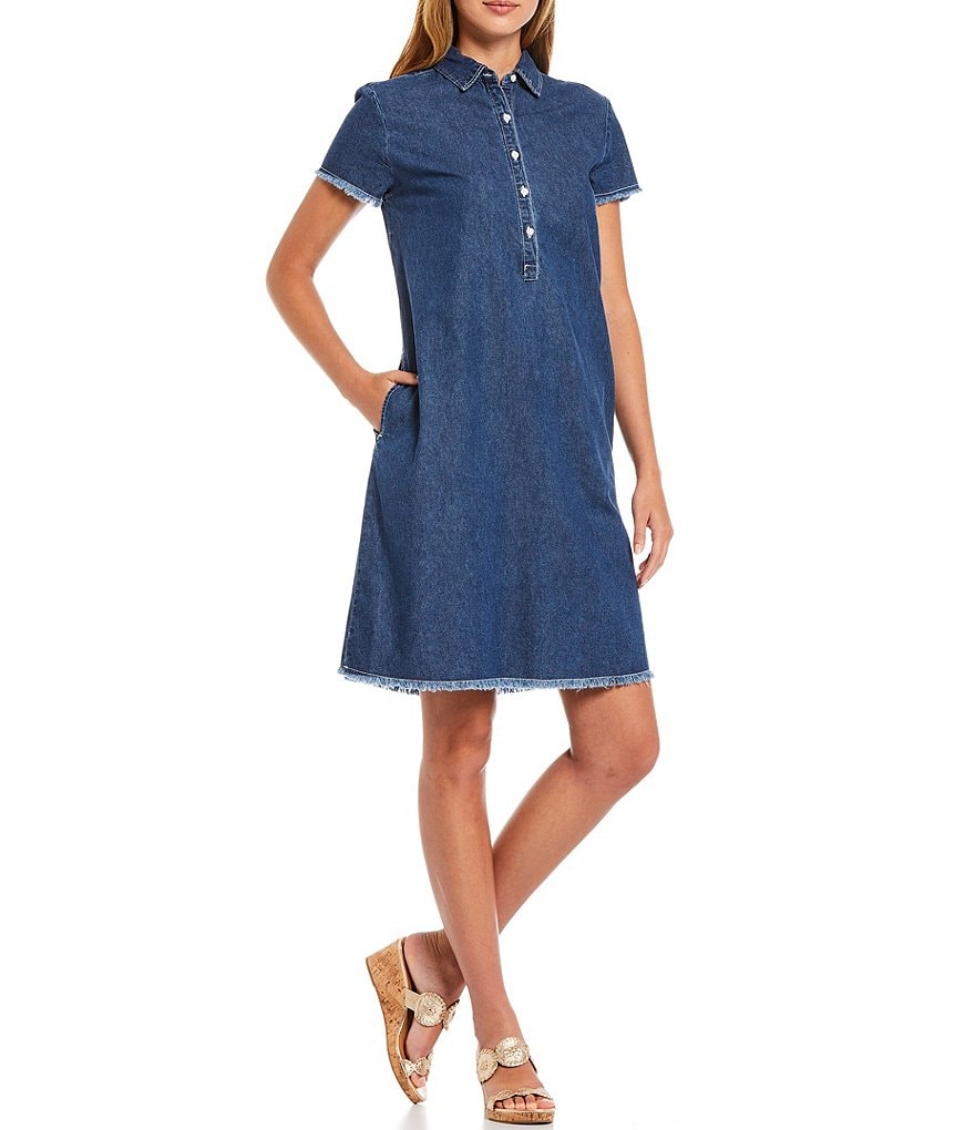 J.McLaughlin Jones Frayed Edge Denim Short Sleeve Shift Dress