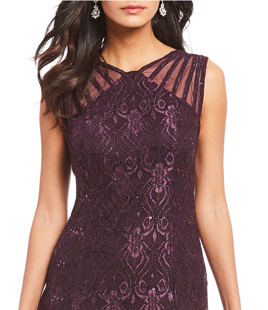 R & M Richards Illusion Shoulder Sleeveless Lace Gown