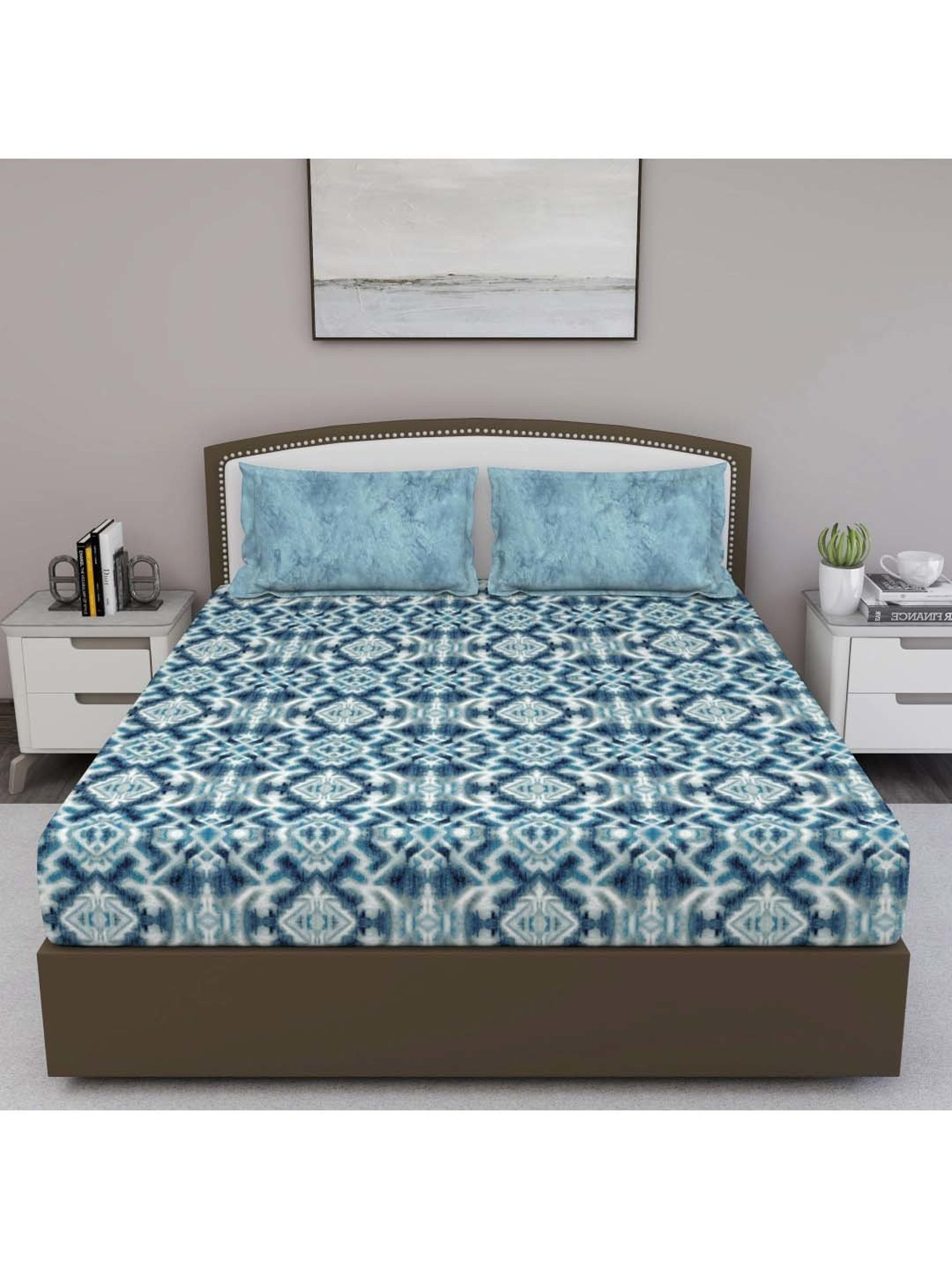 GM 'Serene' Blue Cotton 210 TC Double Bedsheet with 2 Pillow Covers