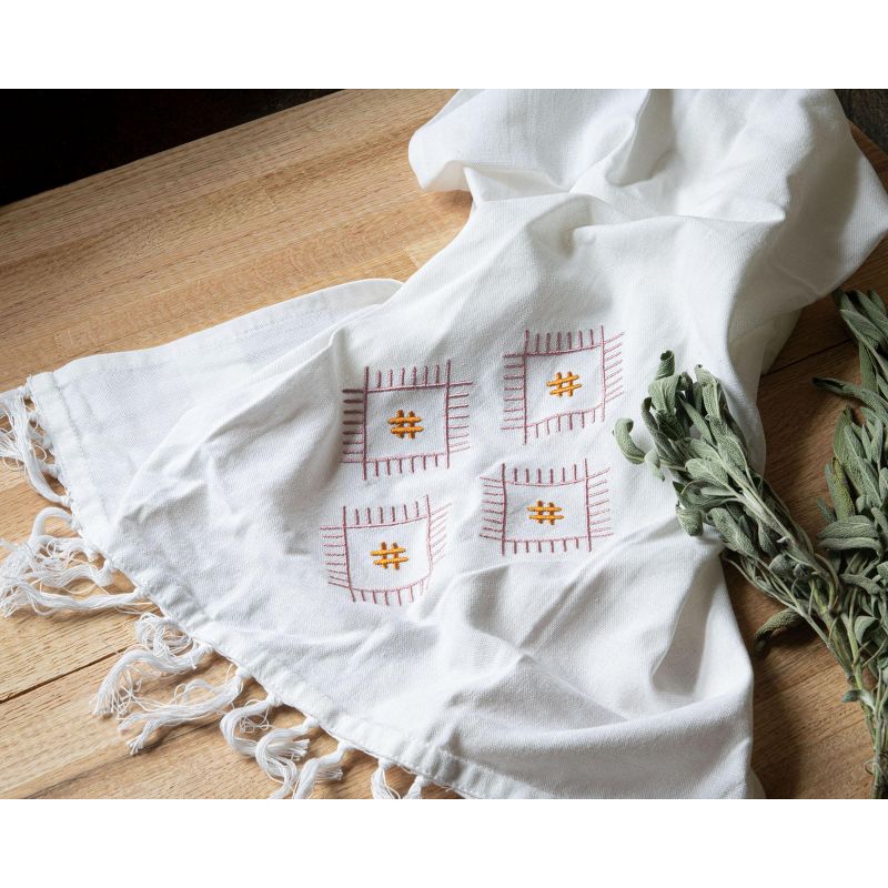 Embroidered Diamond 27 x 18 Inch Woven Kitchen Tea Towel with Hand Sewn Fringe - Foreside Home & Garden