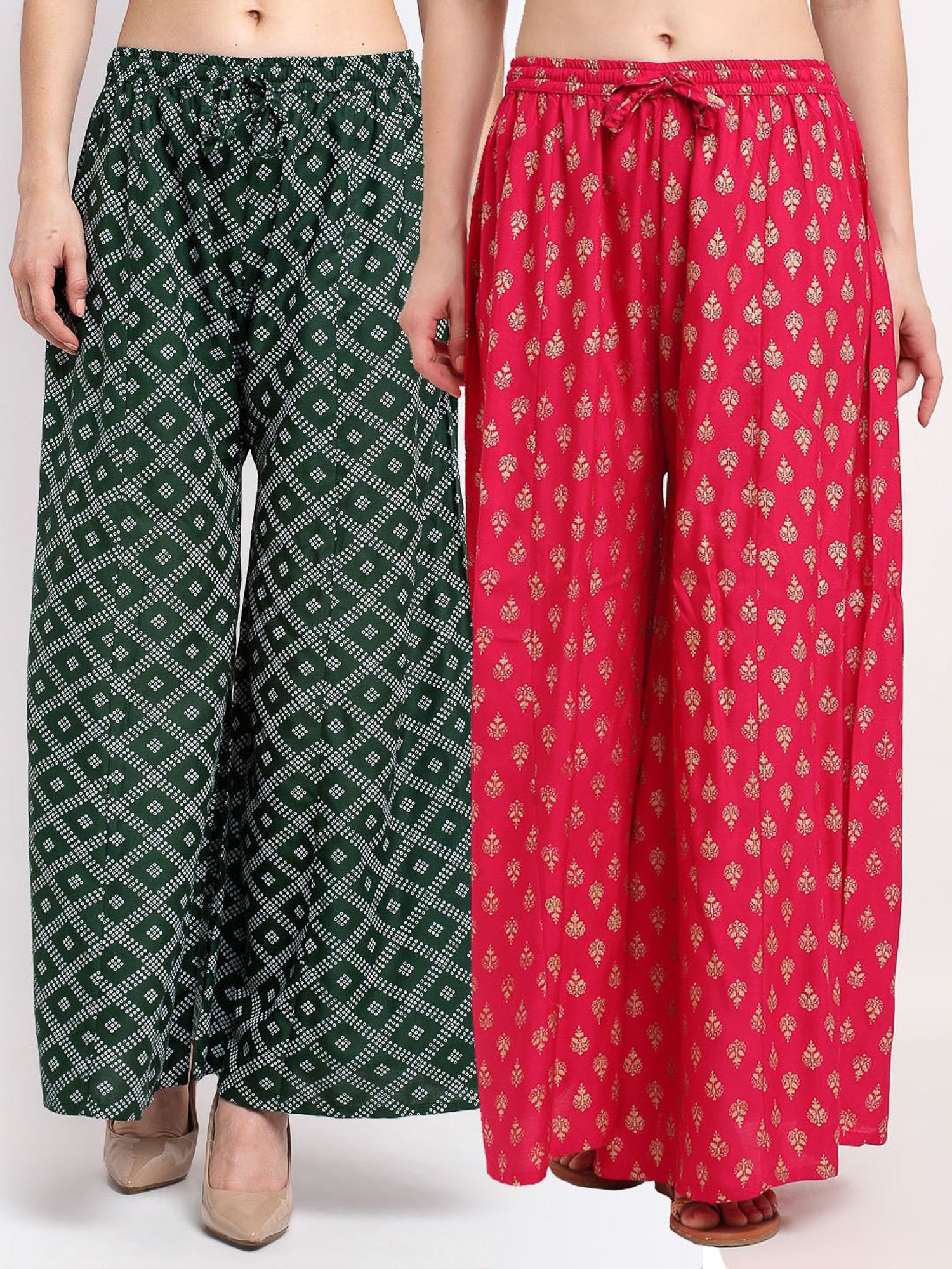 Gracit Green & Pink Printed Palazzos - Pack Of 2