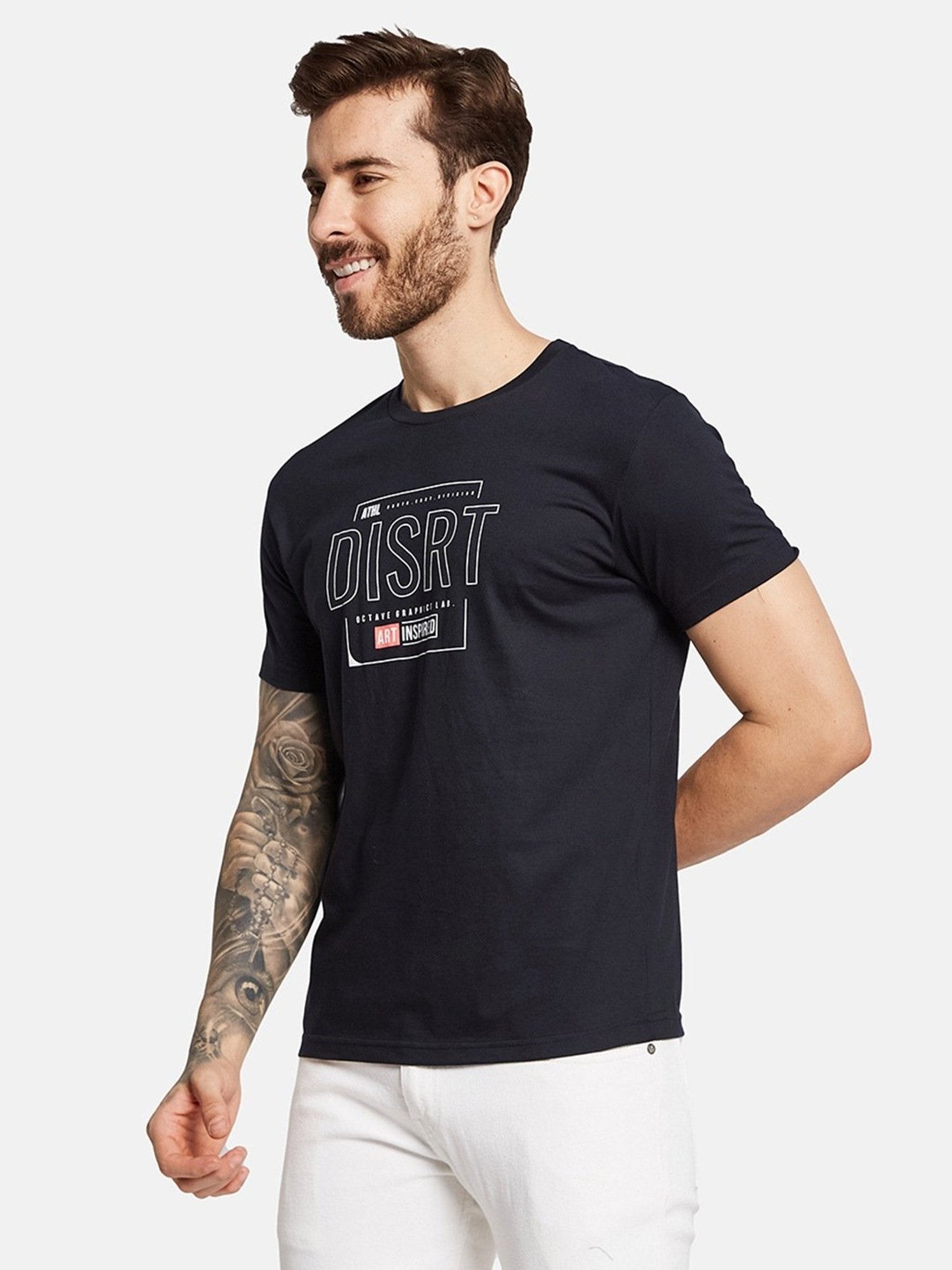 Octave Navy Cotton Regular Fit Printed T-Shirt