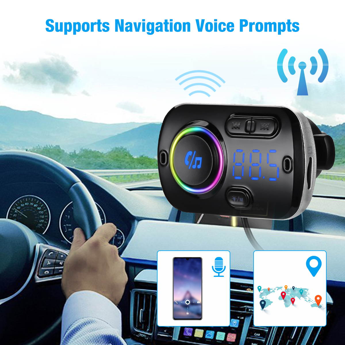 Bluetooth 5.0 Hands-Free Car Kits FM Transmitter AUX MP3 Player USB Fast Charging Charger for Smartphones Audio Players, Black