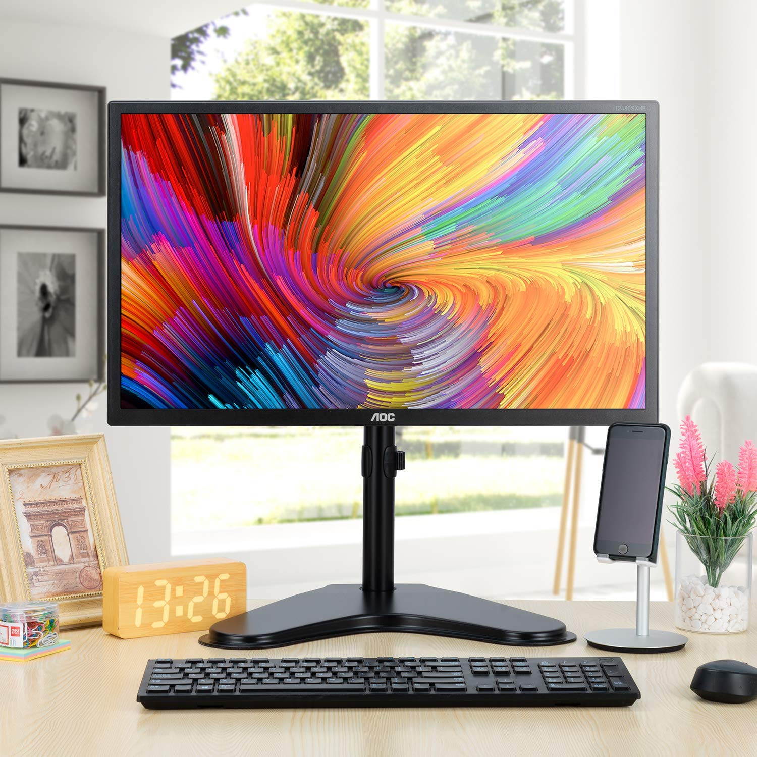 HUANUO Single LCD Monitor Stand, 2020 Upgraded Free Standing VESA Desk Mount fits One Screen up to 32 inches,17.6 lbs. Adjustable Height, Tilt, Swivel, Rotation