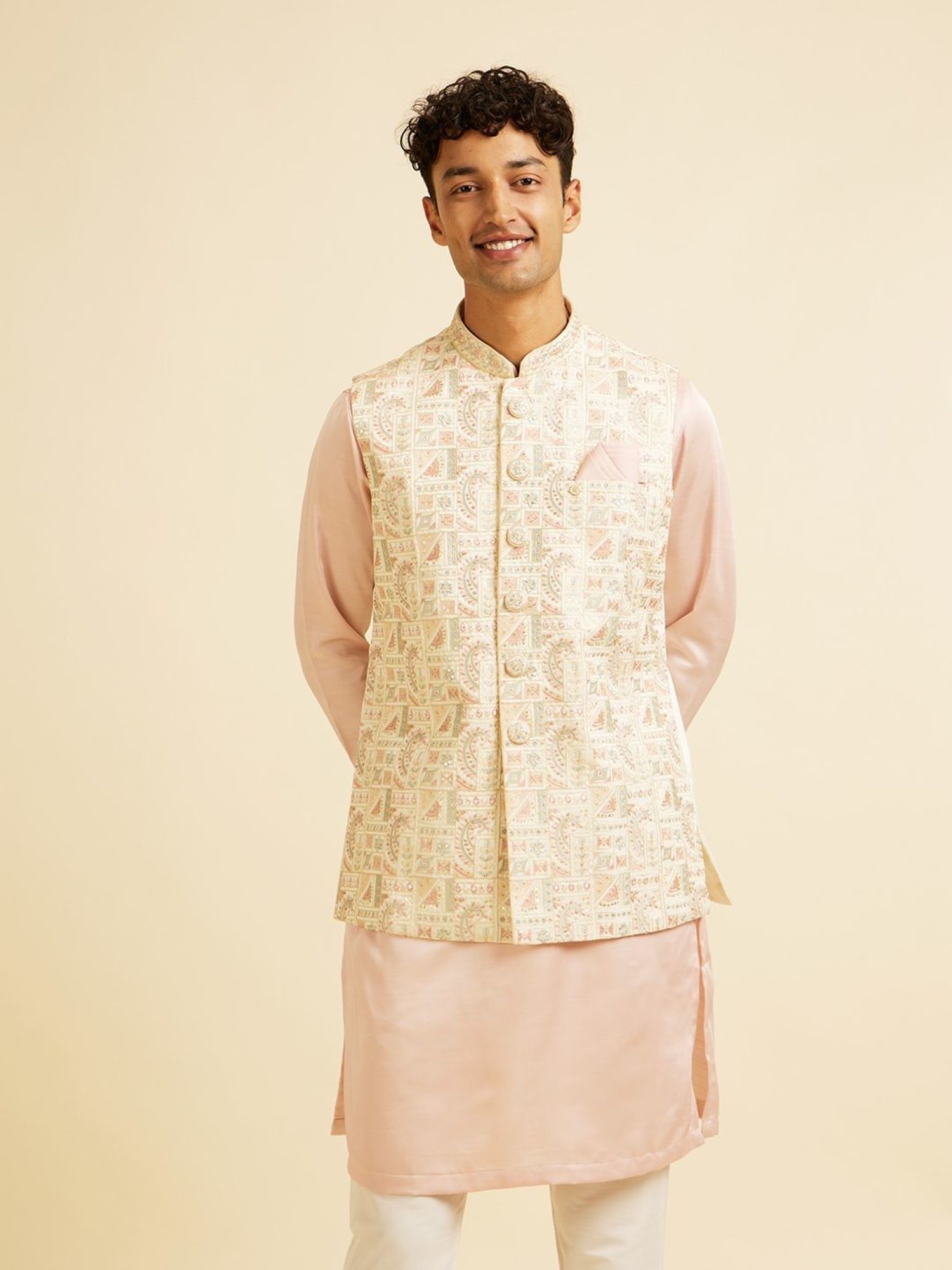 Manyavar Cream Satin Regular Fit Printed Nehru Jacket