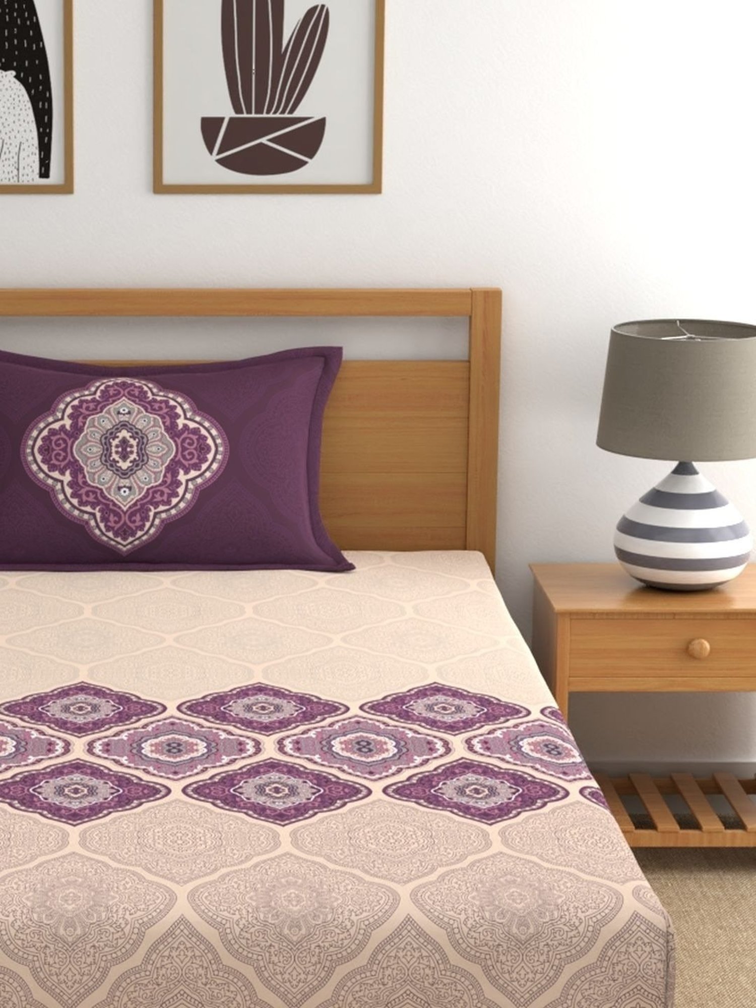 Dreamscape Ethnic Purple 140 TC Cotton Single Bed Sheet with 1 Pillow Cover
