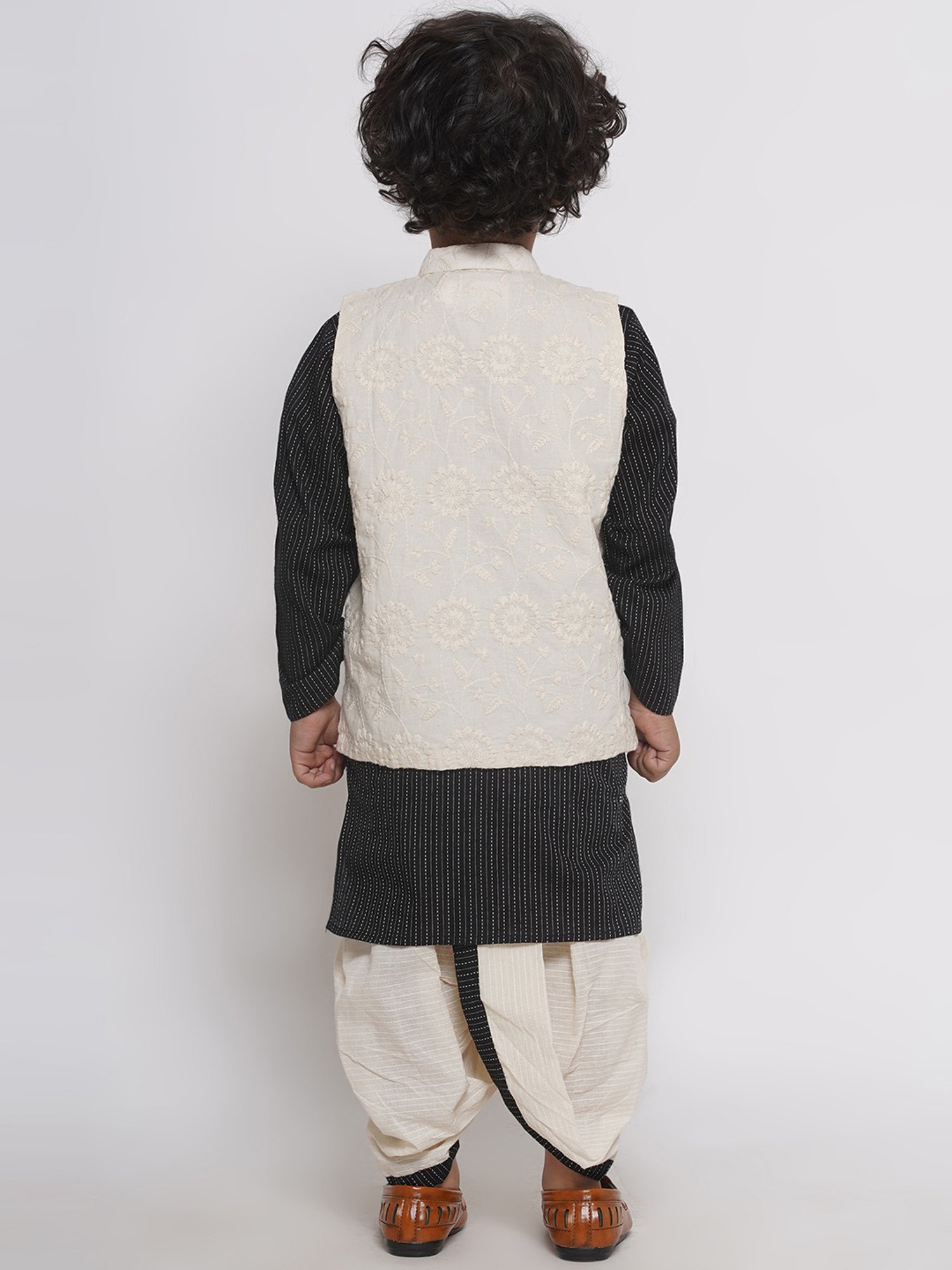 Little Bansi Kids Black & White Embroidered Kurta, Jacket with Dhoti