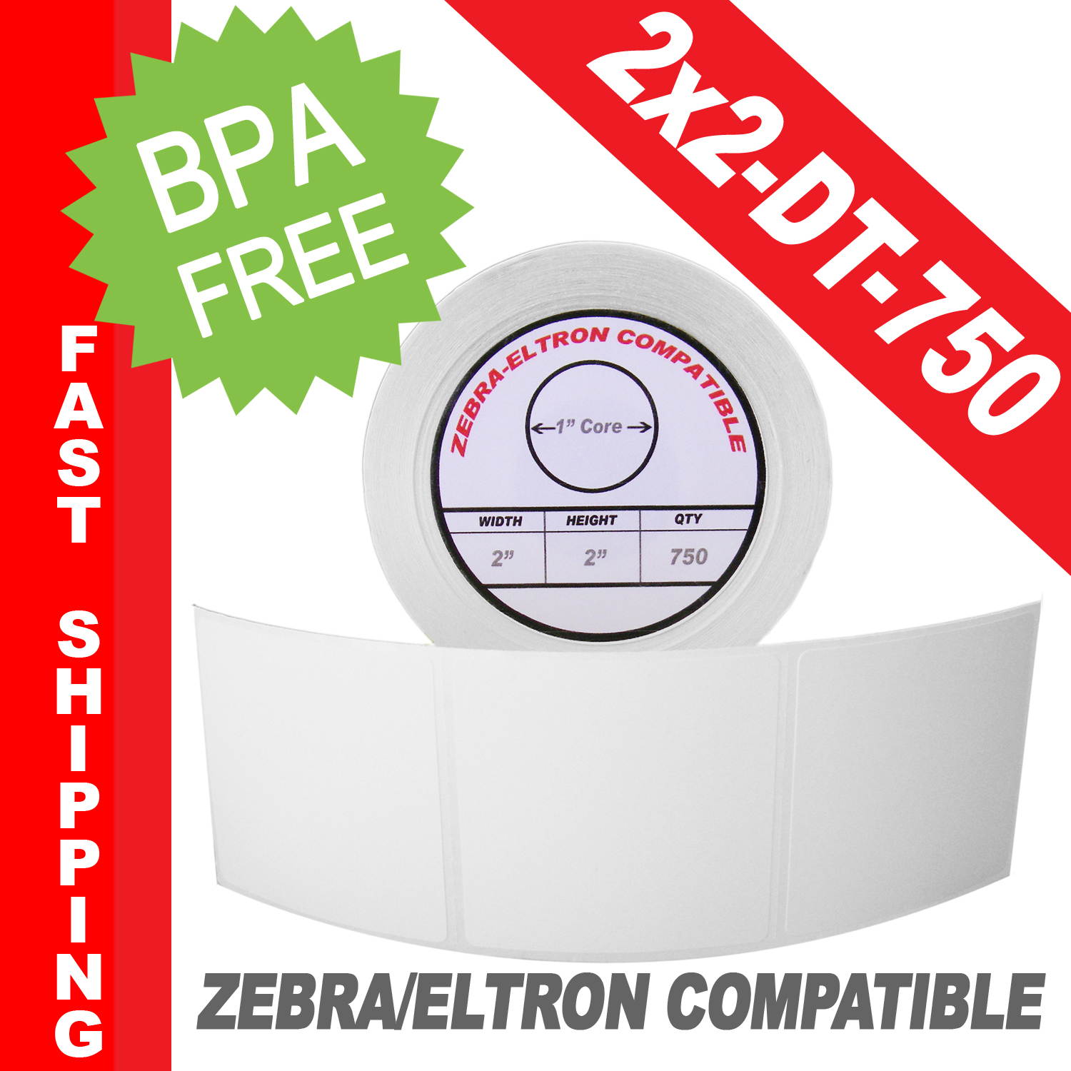 Zebra/Eltron-Compatible 2 x 2 Labels (2" x 2") -- BPA Free! (1 Roll; 750 Labels)