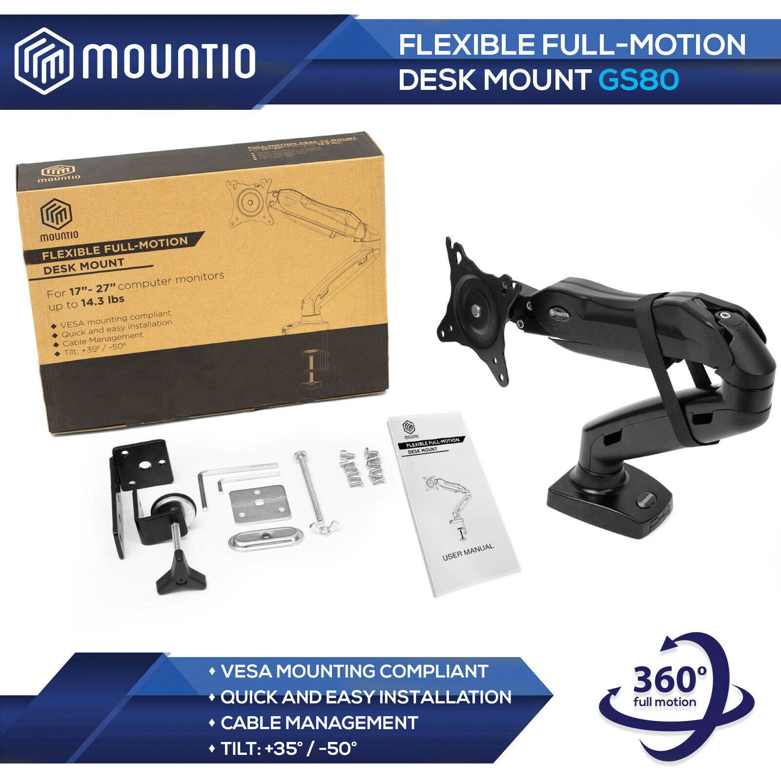 Full Motion LCD Monitor Arm Gas Spring Desk Mount for Screens up to 27"