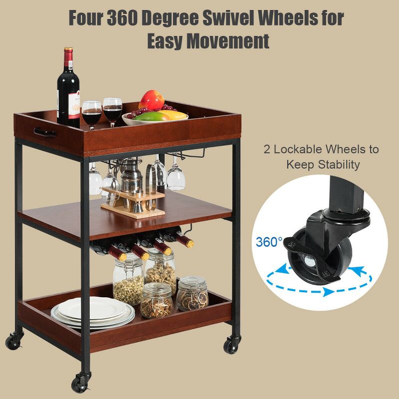 Costway 3 Tier Trolley Cart Kitchen Island Serving Bar Cart w/ Glass Holder & Wine Rack