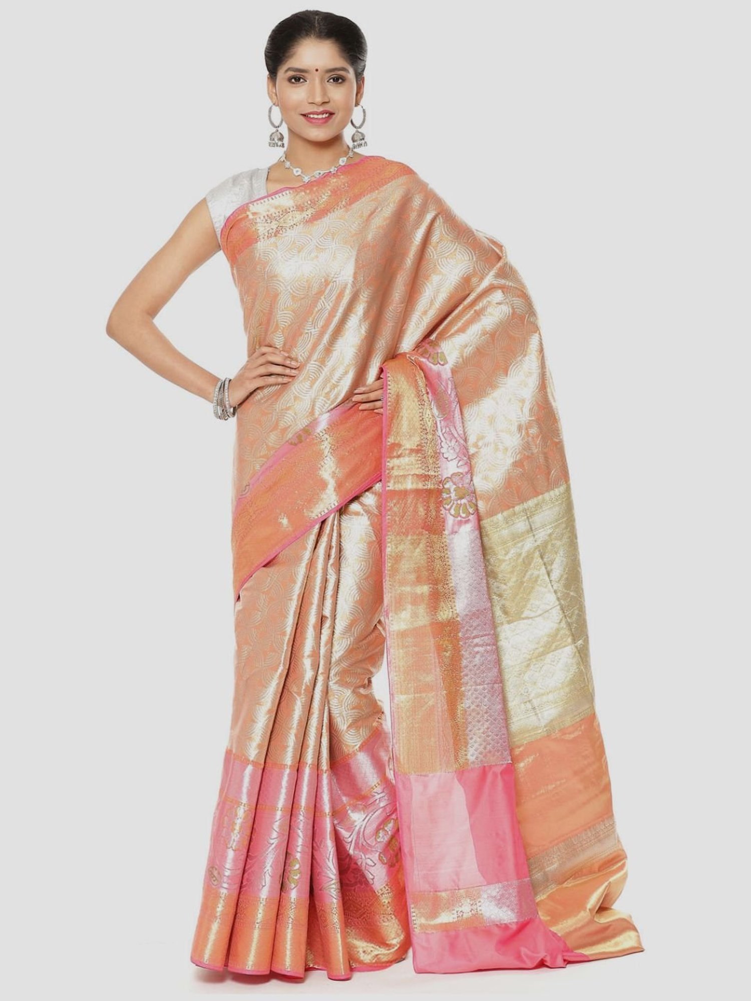 Banarasi Silk Works Peach Woven Saree With Unstitched Blouse