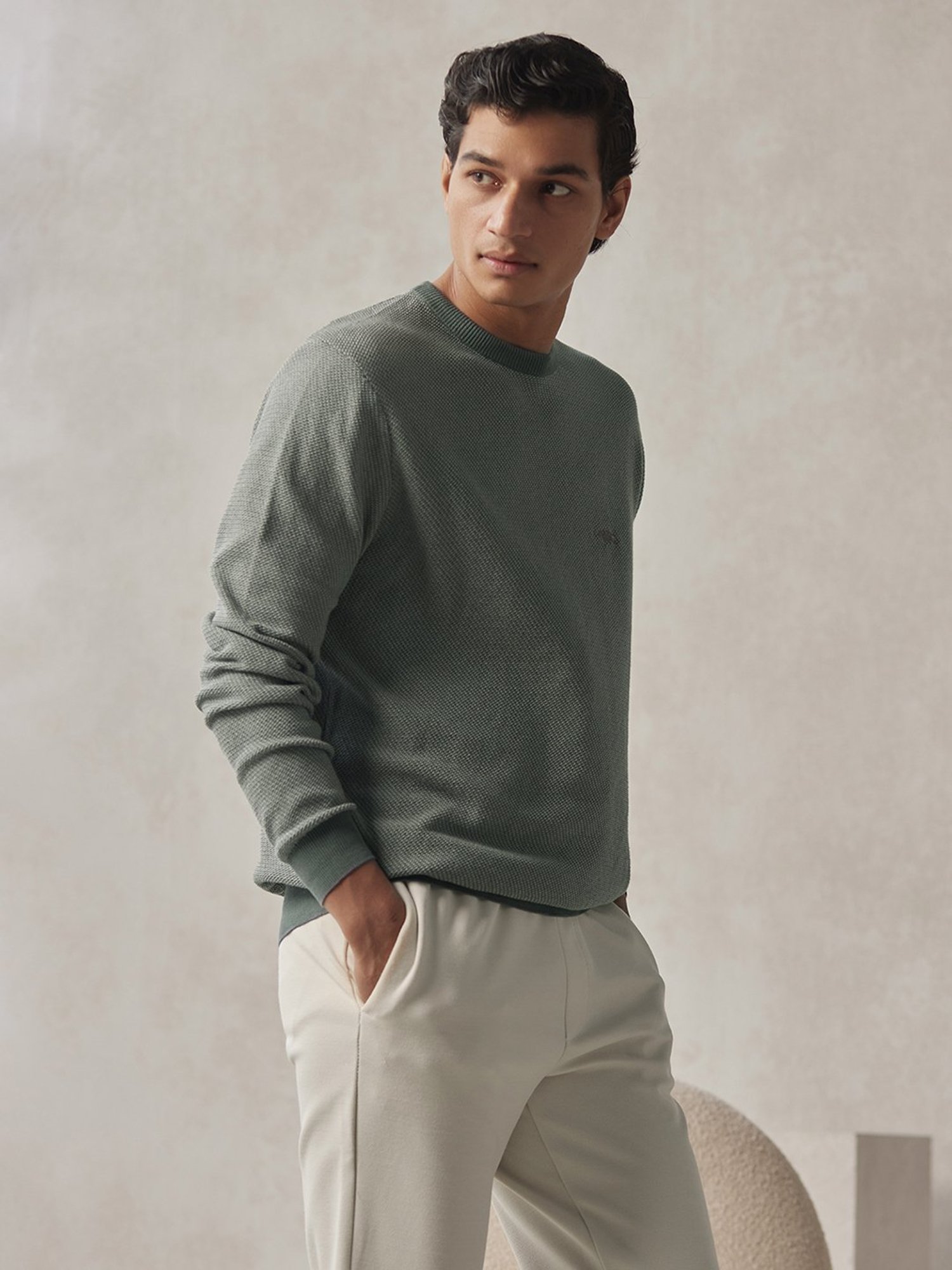 ANDAMEN Green Regular Fit Textured Cotton Sweater